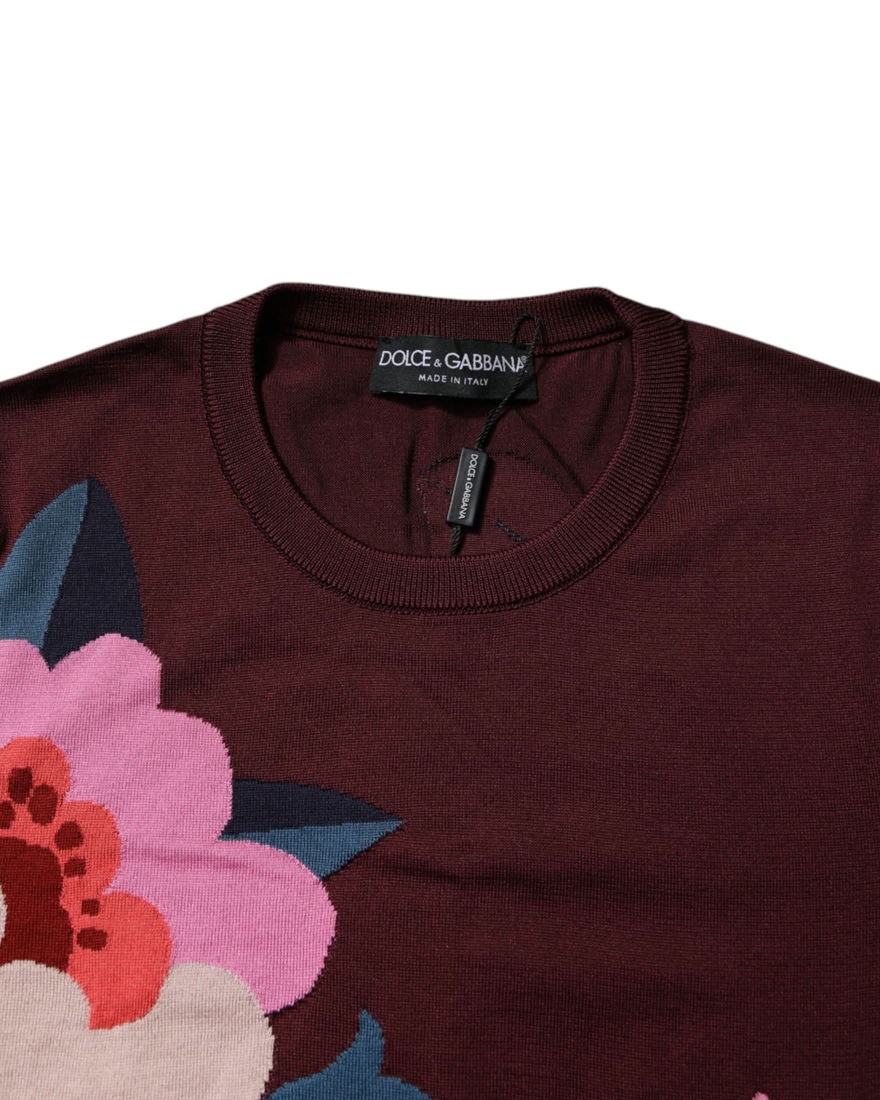 Dolce & Gabbana Silk Maroon Floral Crew Neck Blouse Top Blouses
