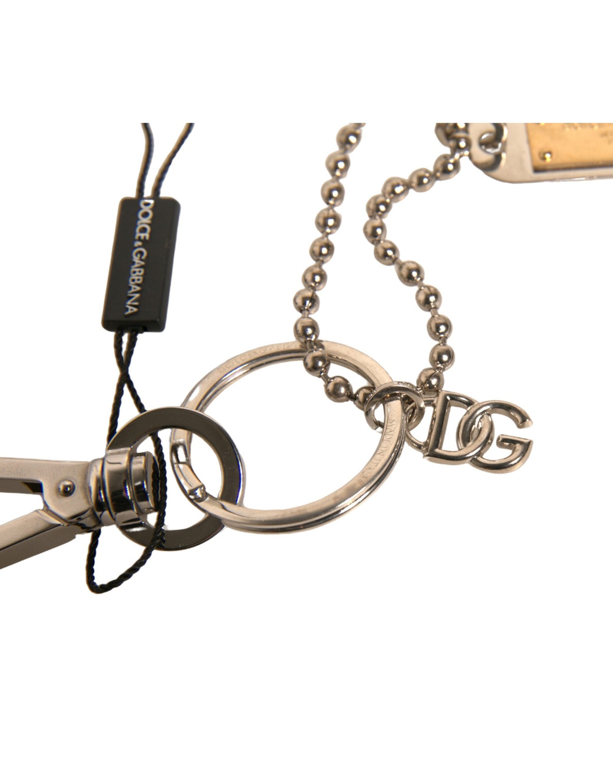 Dolce & Gabbana Silver Brass Chain Beaded Logo Plaque Keychain Keyring Glam Steals