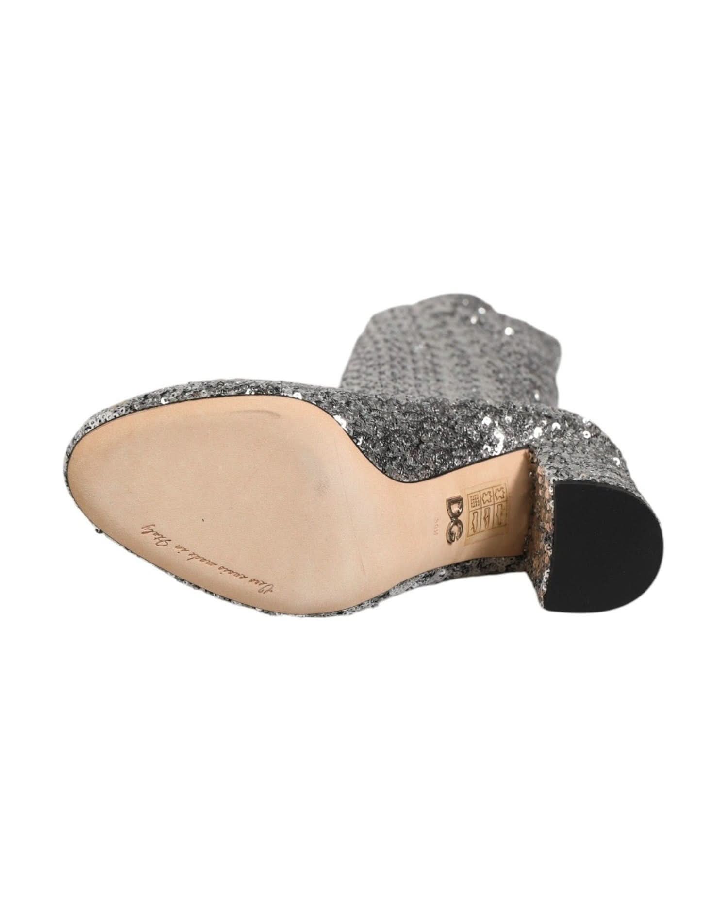 Dolce & Gabbana Silver Shoes Sequins Glitter High Heel Boot Boots