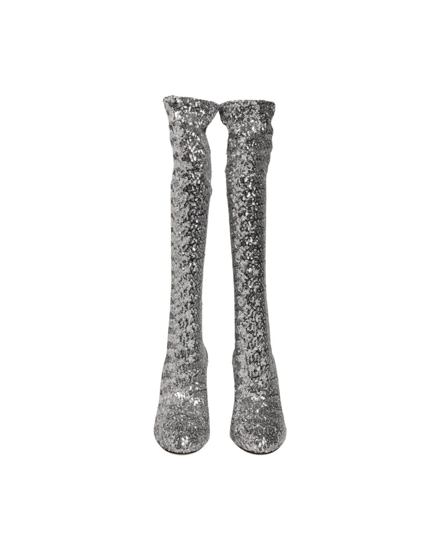 Dolce & Gabbana Silver Shoes Sequins Glitter High Heel Boot Boots