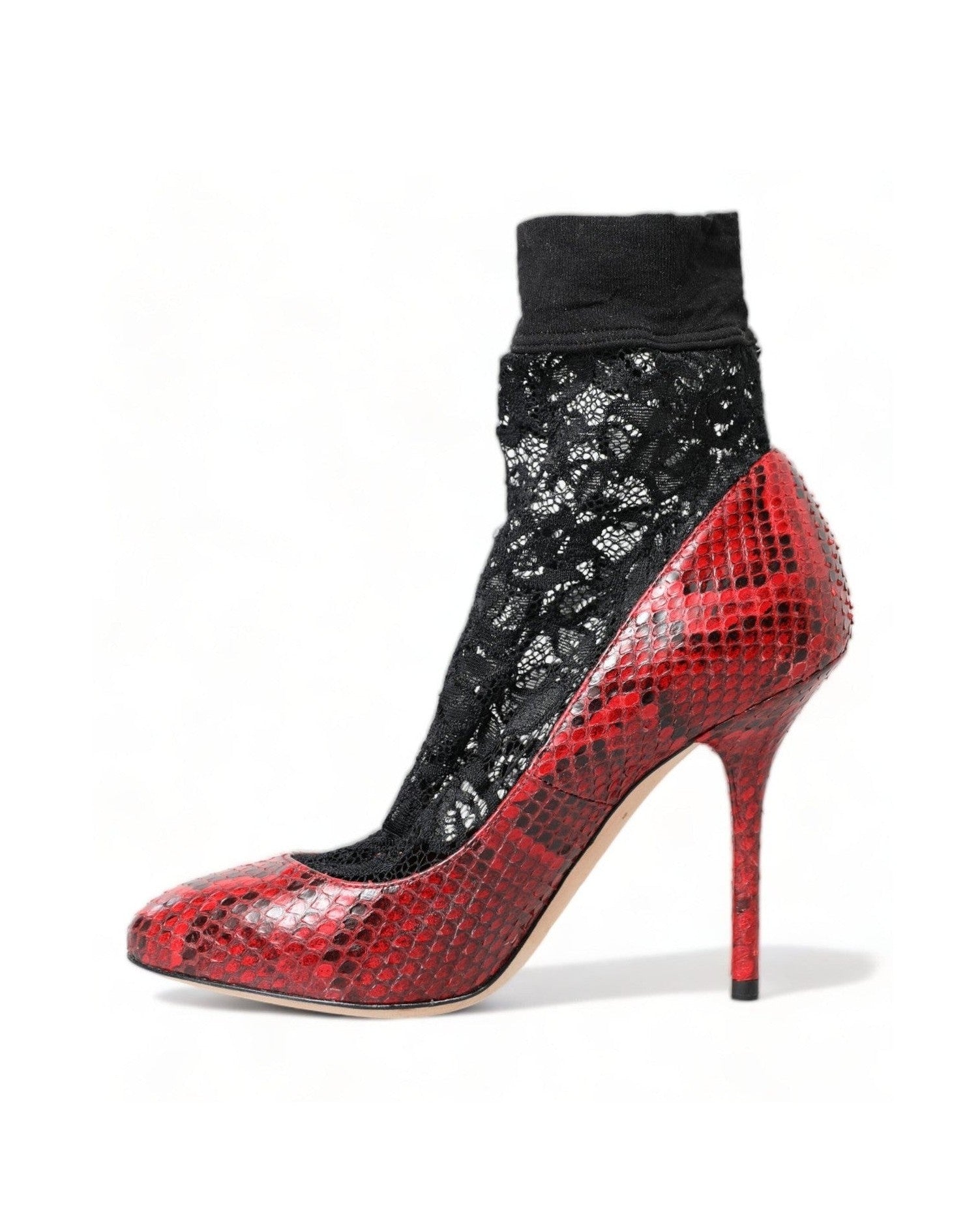 Dolce & Gabbana Snakeskin Almond Toe Pumps With Red Lace Socks Heels