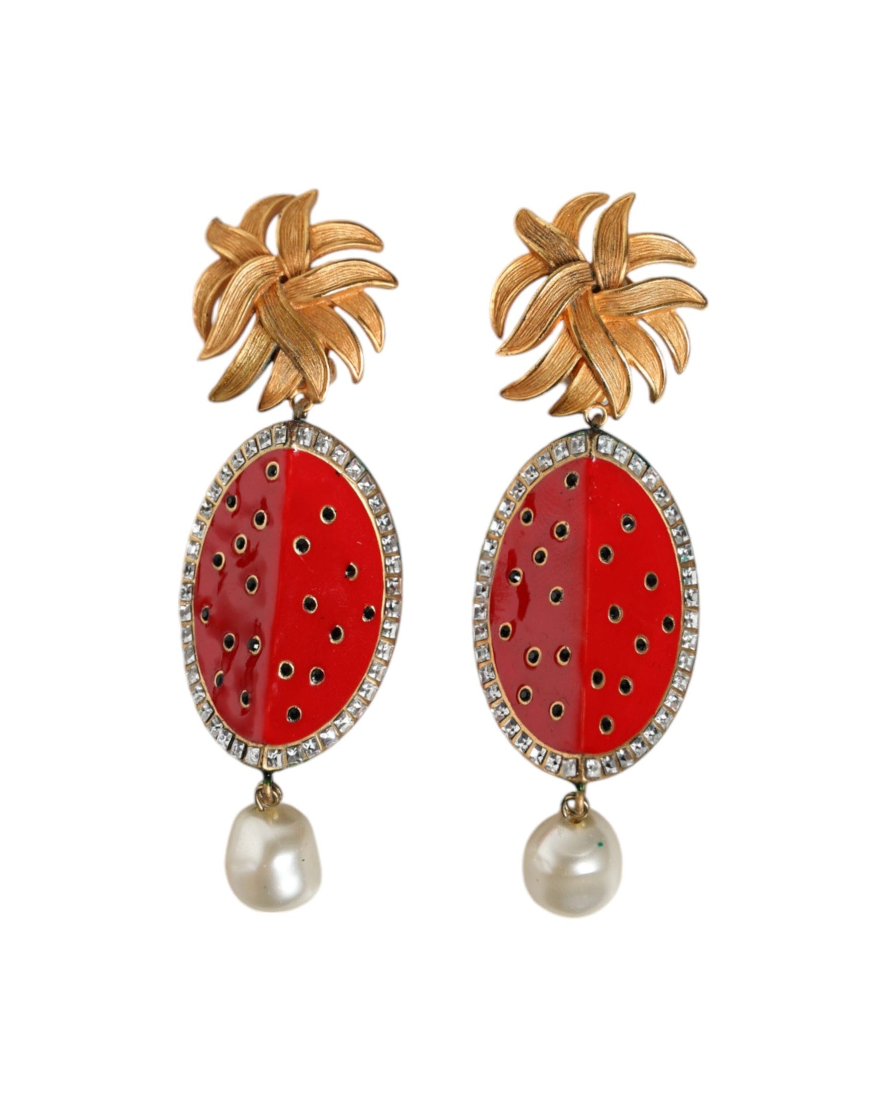 Dolce & Gabbana Watermelon Brass Crystal Clip Dangling Red Gold Earrings Glam Steals