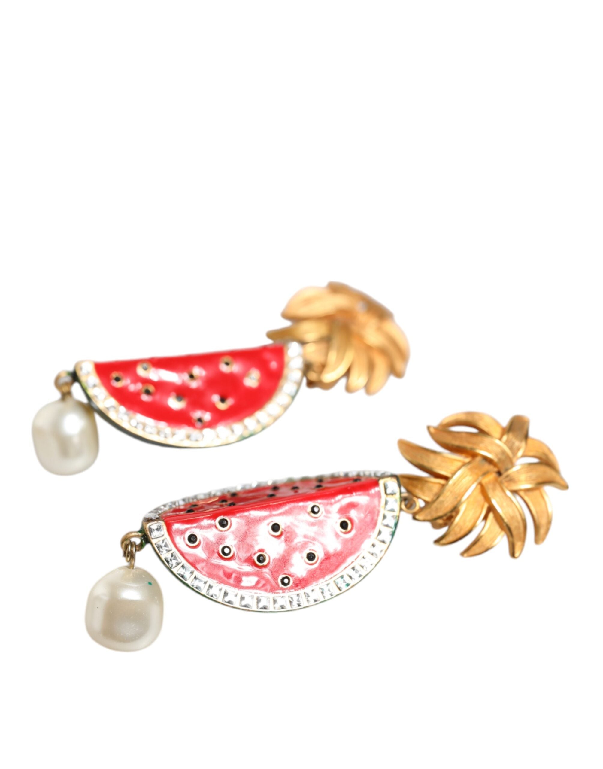 Dolce & Gabbana Watermelon Brass Crystal Clip Dangling Red Gold Earrings Glam Steals