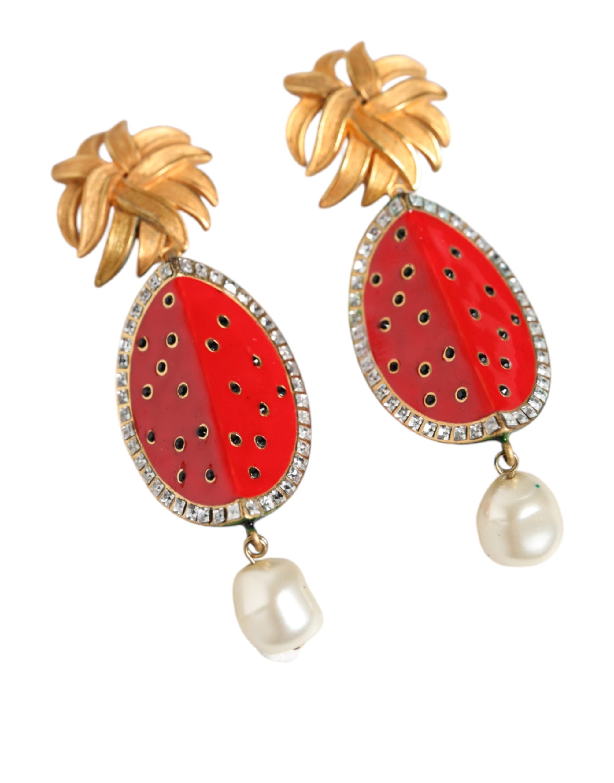 Dolce & Gabbana Watermelon Brass Crystal Clip Dangling Red Gold Earrings Glam Steals