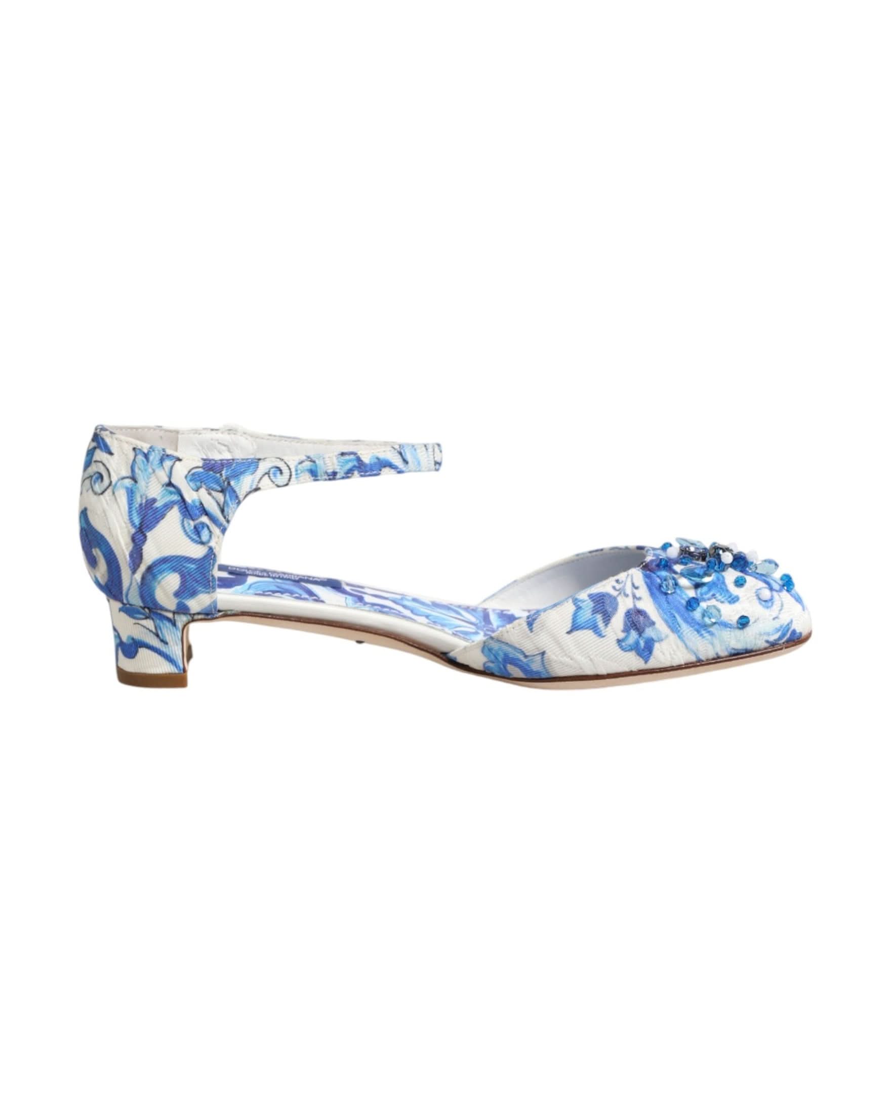 Dolce & Gabbana White Blue Floral Crystal Ankle Straps Shoes Sandals