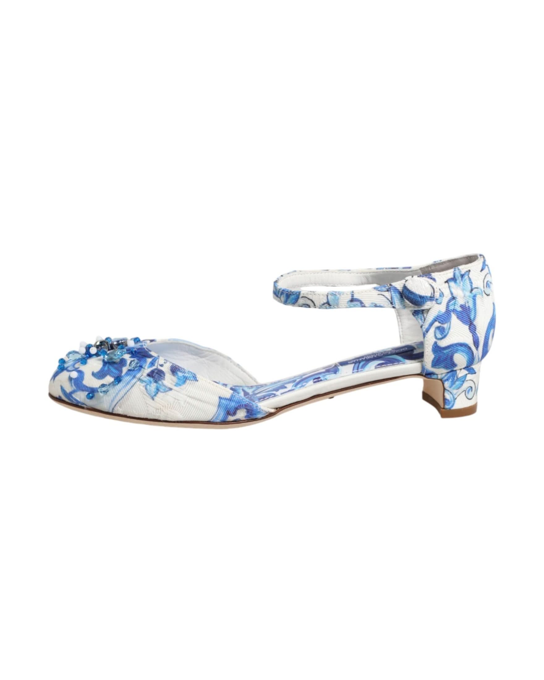 Dolce & Gabbana White Blue Floral Crystal Ankle Straps Shoes Sandals
