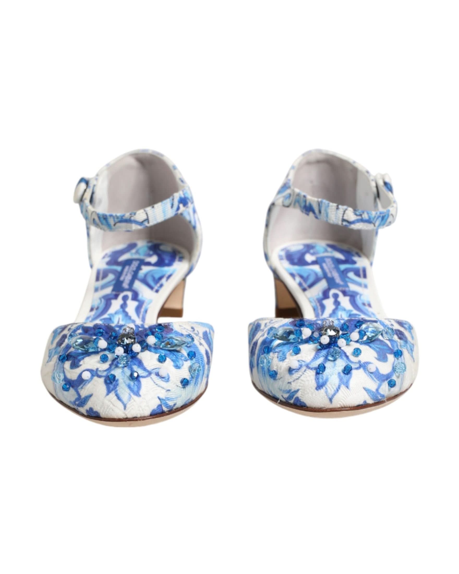 Dolce & Gabbana White Blue Floral Crystal Ankle Straps Shoes Sandals
