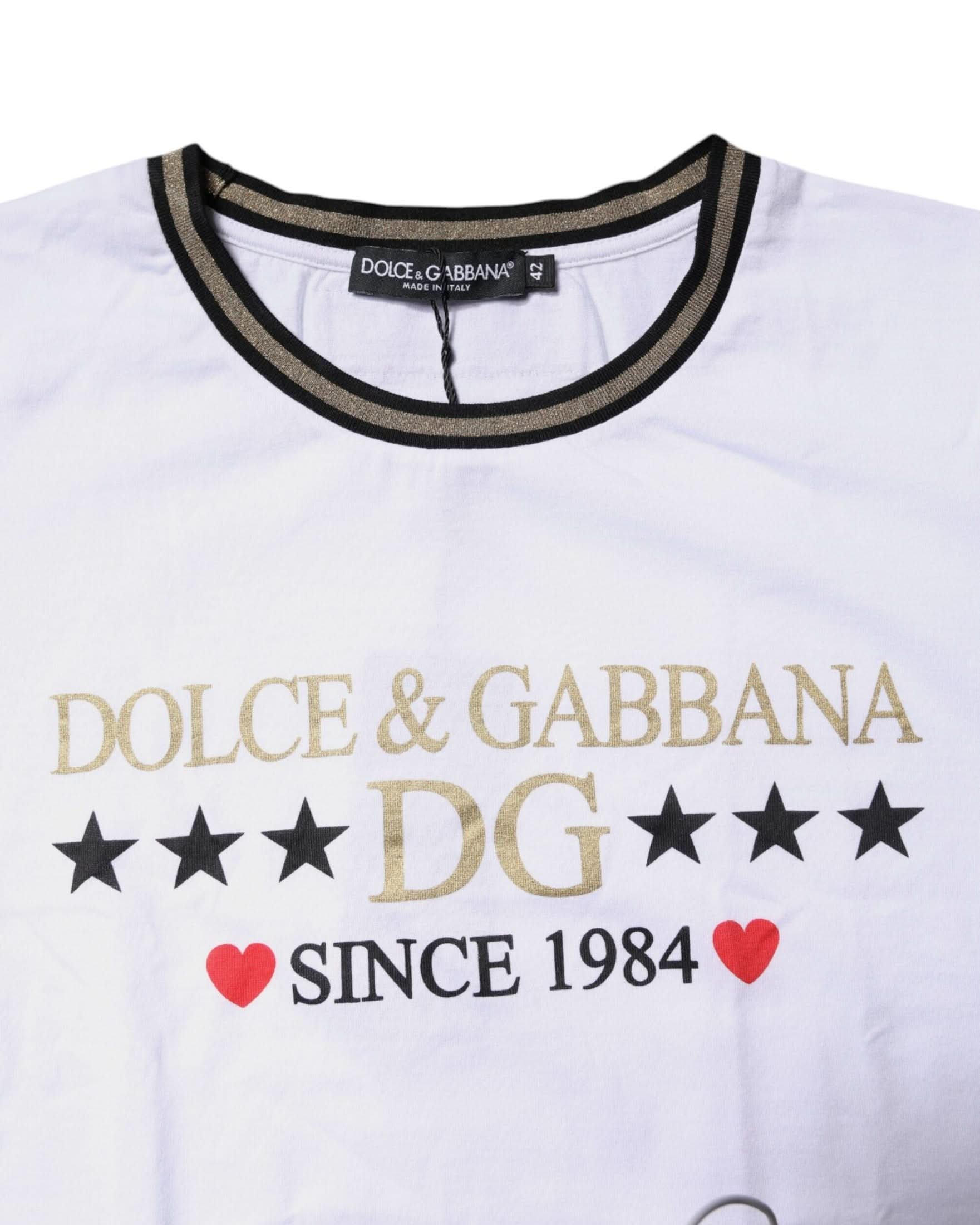 Dolce & Gabbana White Cotton Printed Round Neck Top T-Shirt T-Shirts