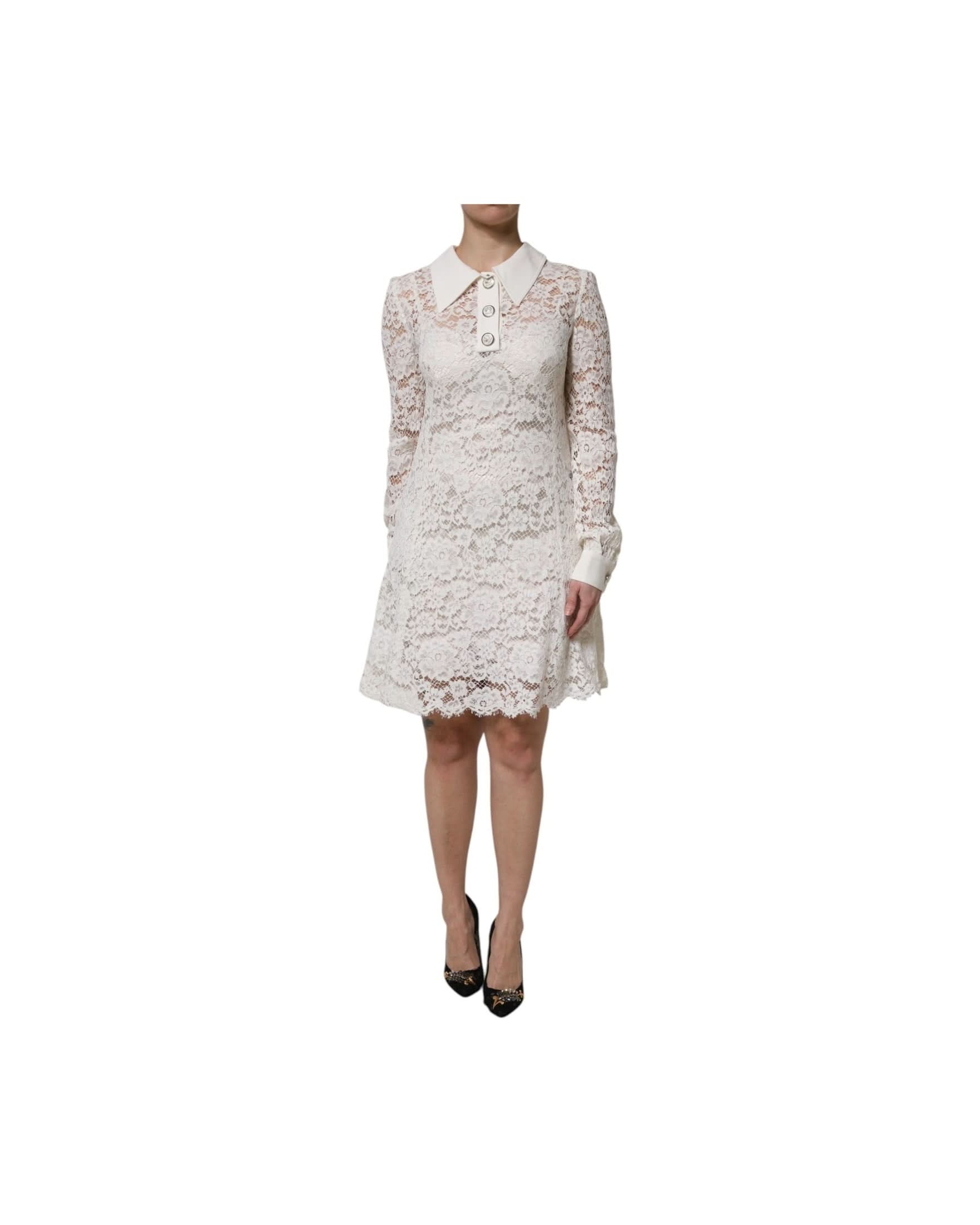 Dolce & Gabbana White Lace Floral Viscose Collared Mini Dress for Women