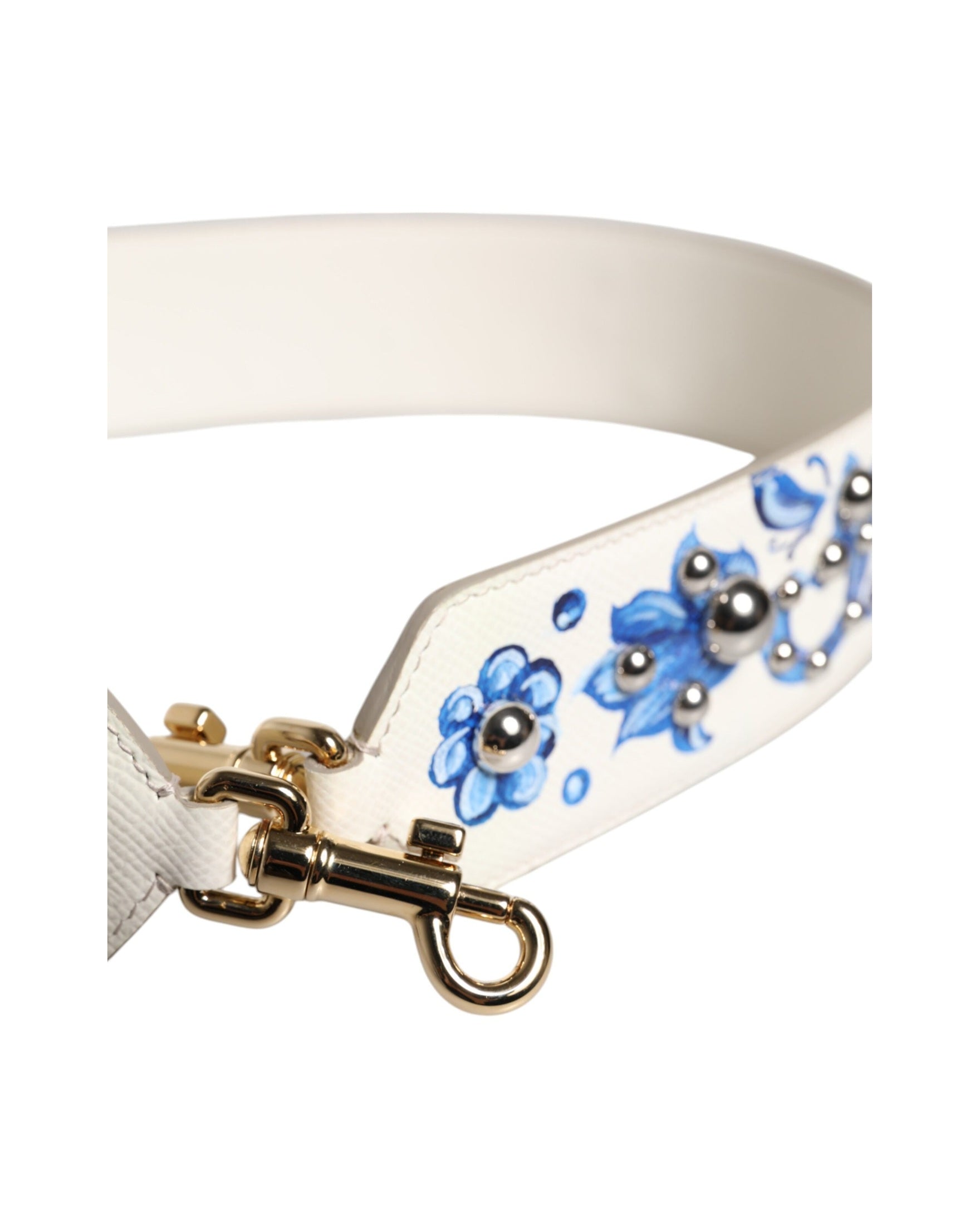 Dolce & Gabbana White Leather Blue Floral Stud Shoulder Strap Glam Steals