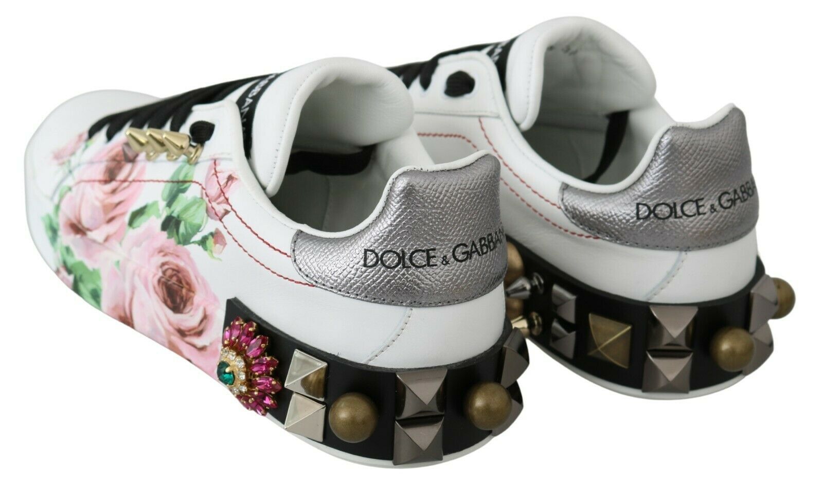 Dolce & Gabbana White Leather Crystal Roses Floral Sneakers Shoes Sneakers