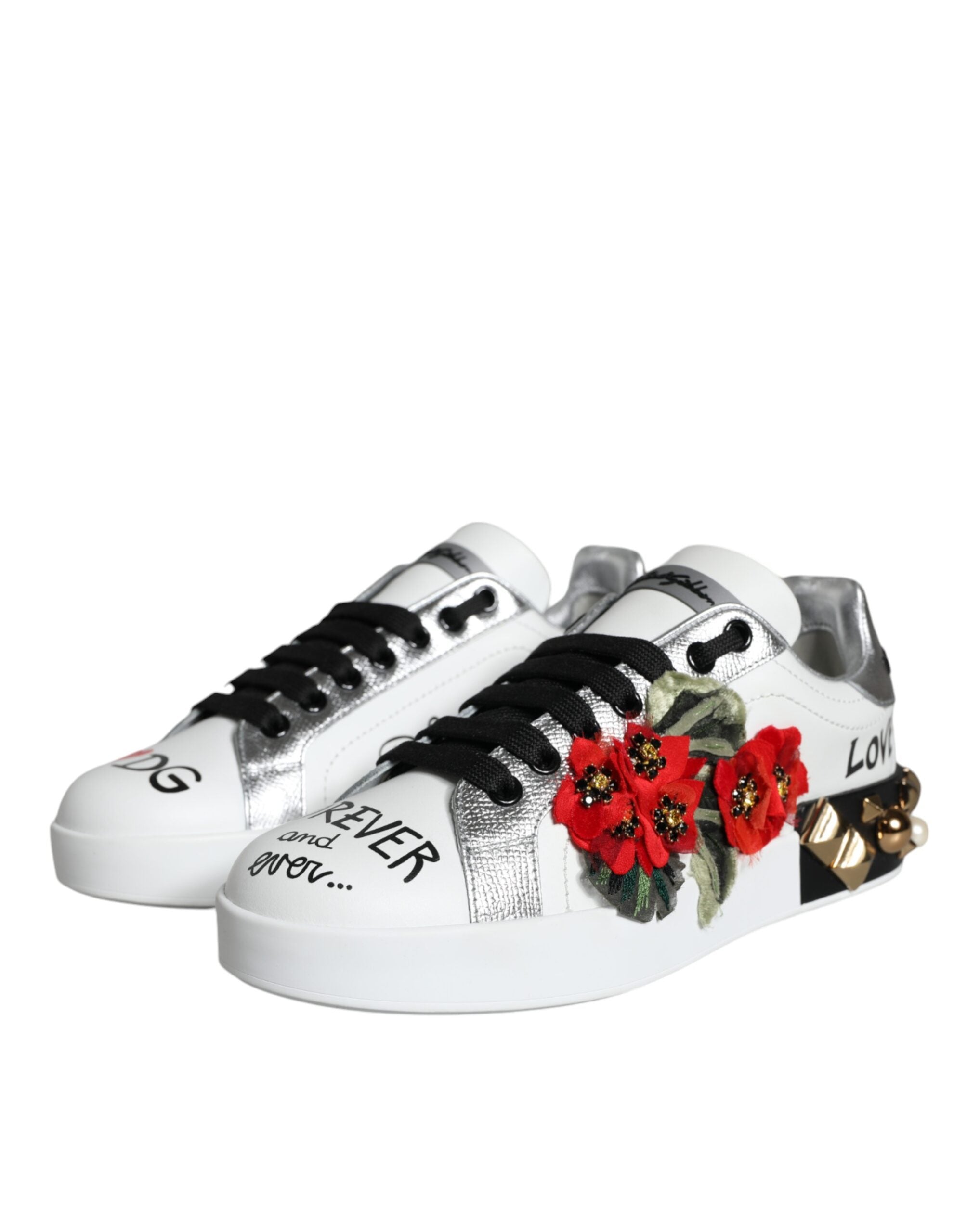 Dolce & Gabbana White Leather Floral Studded Sneakers Shoes Glam Steals
