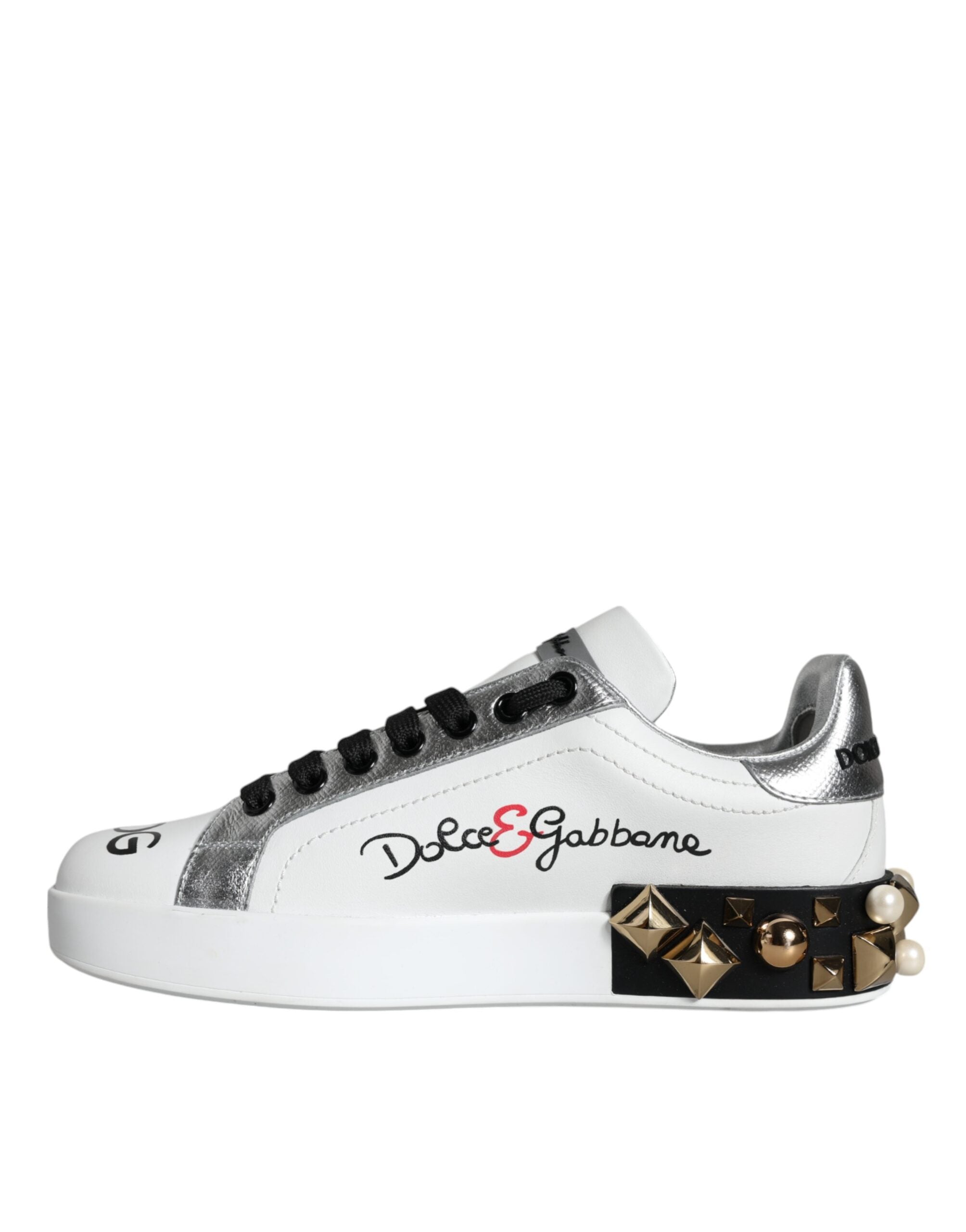 Dolce & Gabbana White Leather Floral Studded Sneakers Shoes Glam Steals