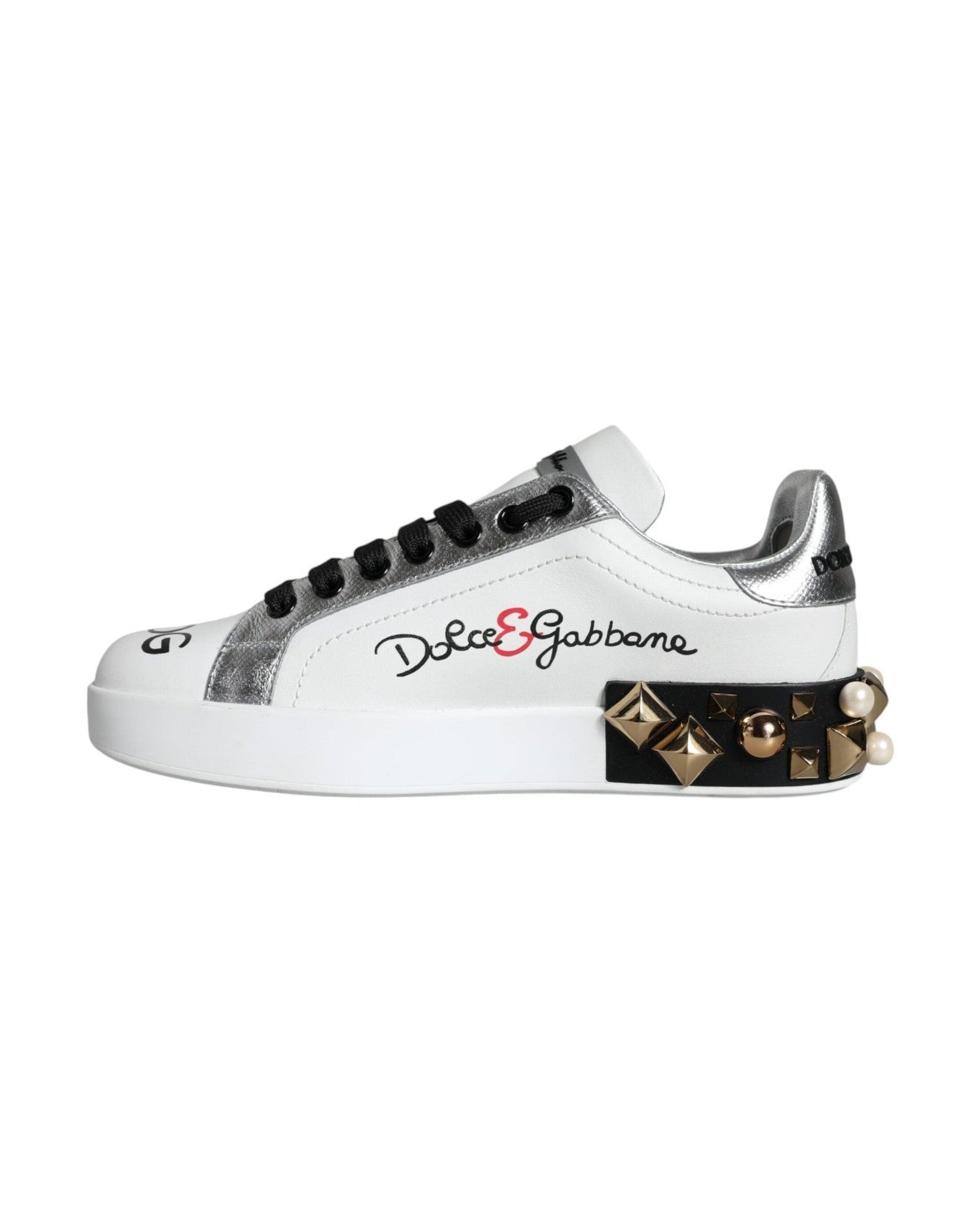 Dolce & Gabbana White Leather Floral Studded Sneakers Shoes Glam Steals
