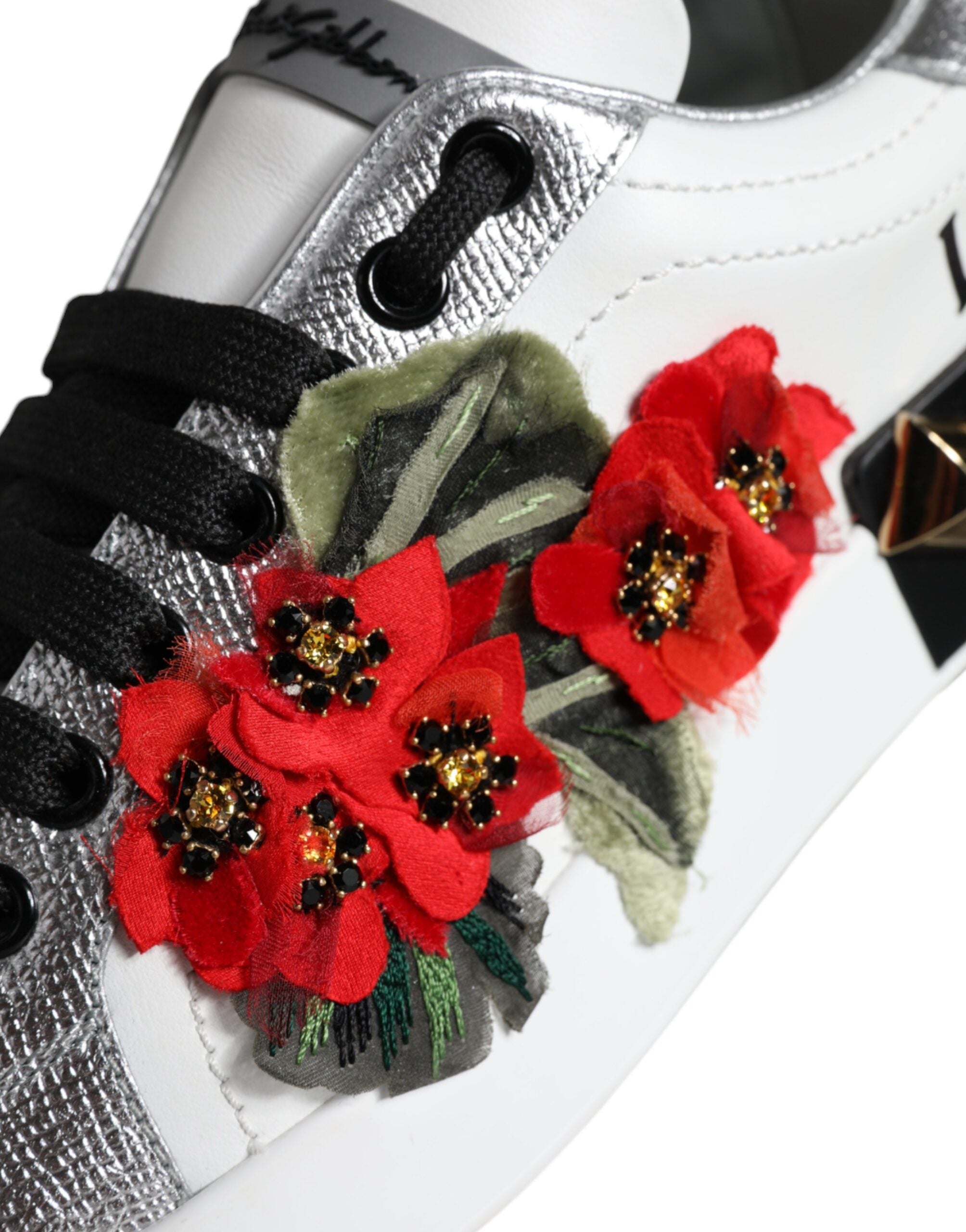 Dolce & Gabbana White Leather Floral Studded Sneakers Shoes Glam Steals
