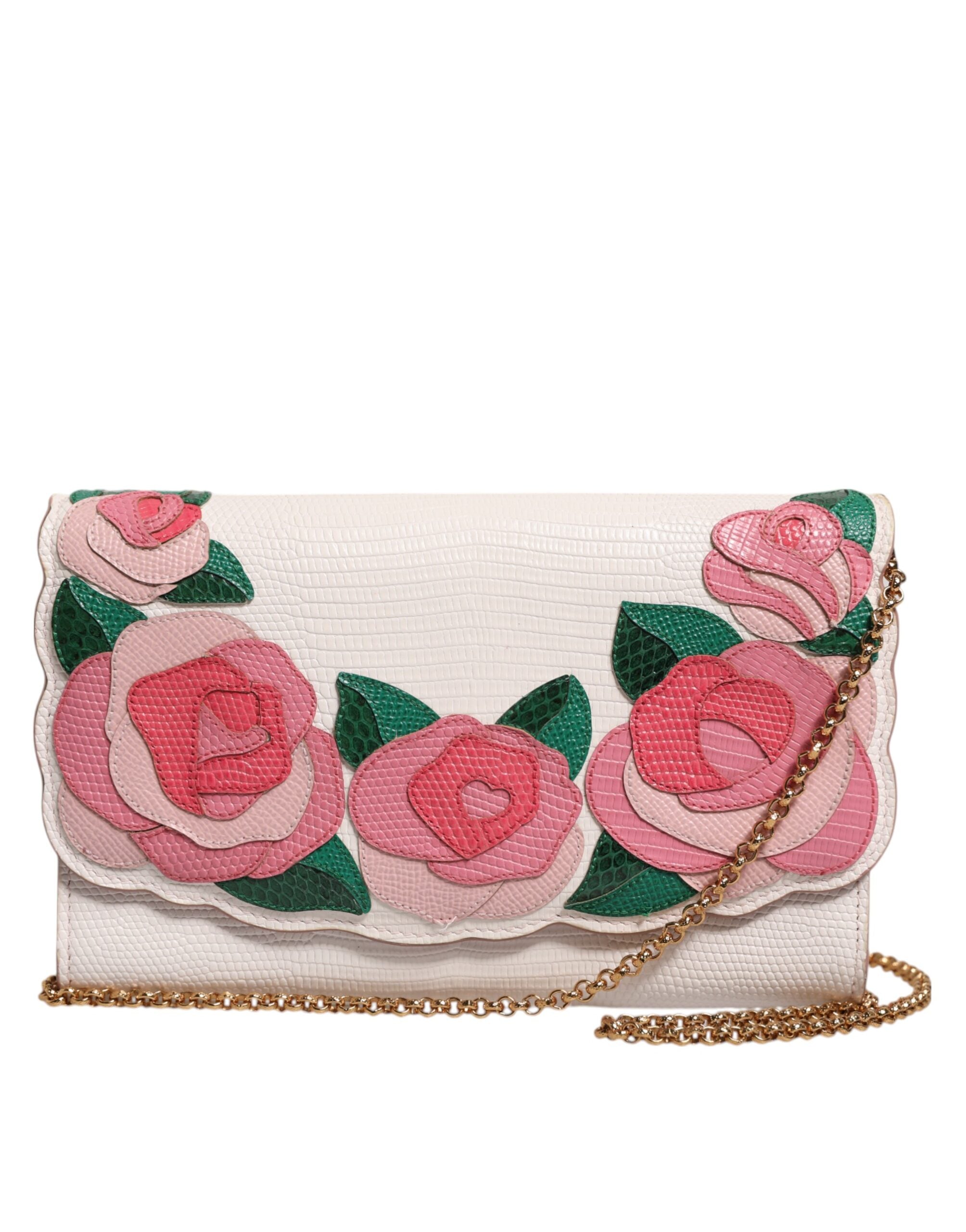 Dolce & Gabbana White Leather Floral Wallet Crossbody Gold Chain Bag Glam Steals