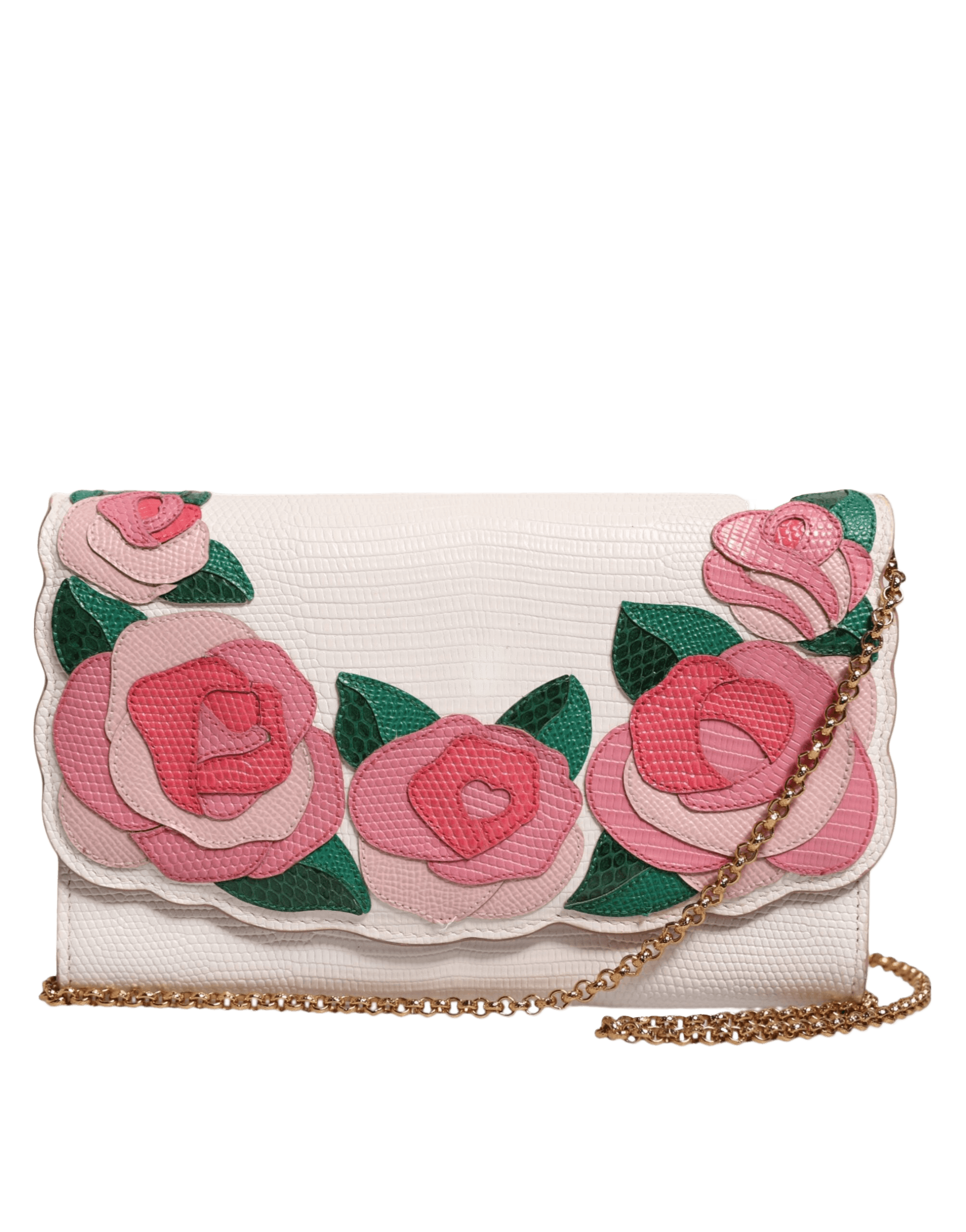 Dolce & Gabbana White Leather Floral Wallet Crossbody Gold Chain Bag Glam Steals