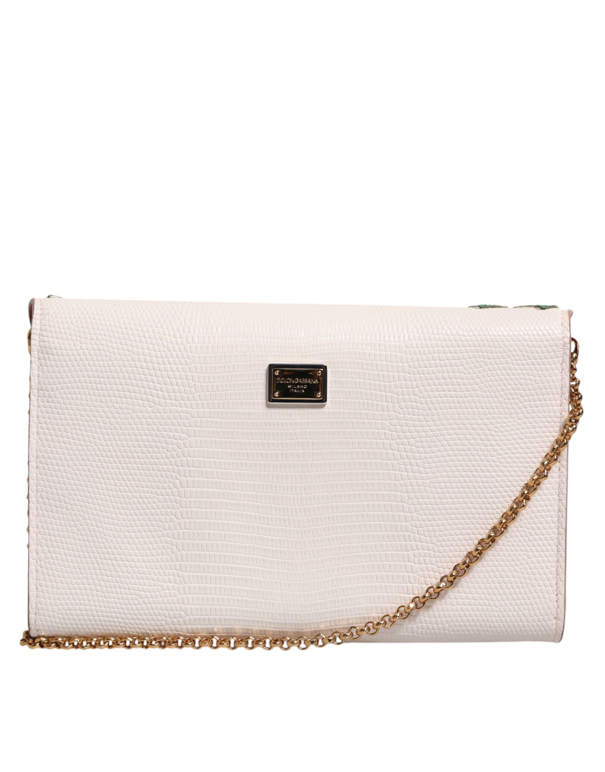 Dolce & Gabbana White Leather Floral Wallet Crossbody Gold Chain Bag Glam Steals