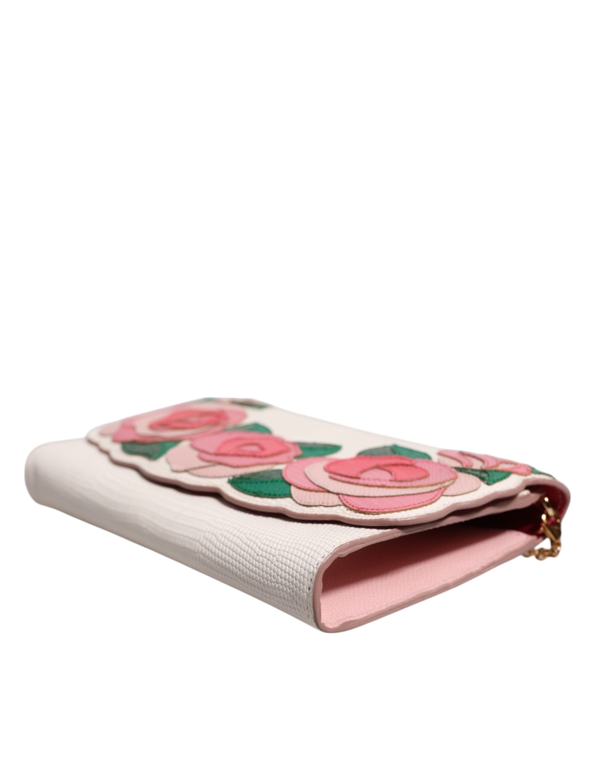 Dolce & Gabbana White Leather Floral Wallet Crossbody Gold Chain Bag Glam Steals