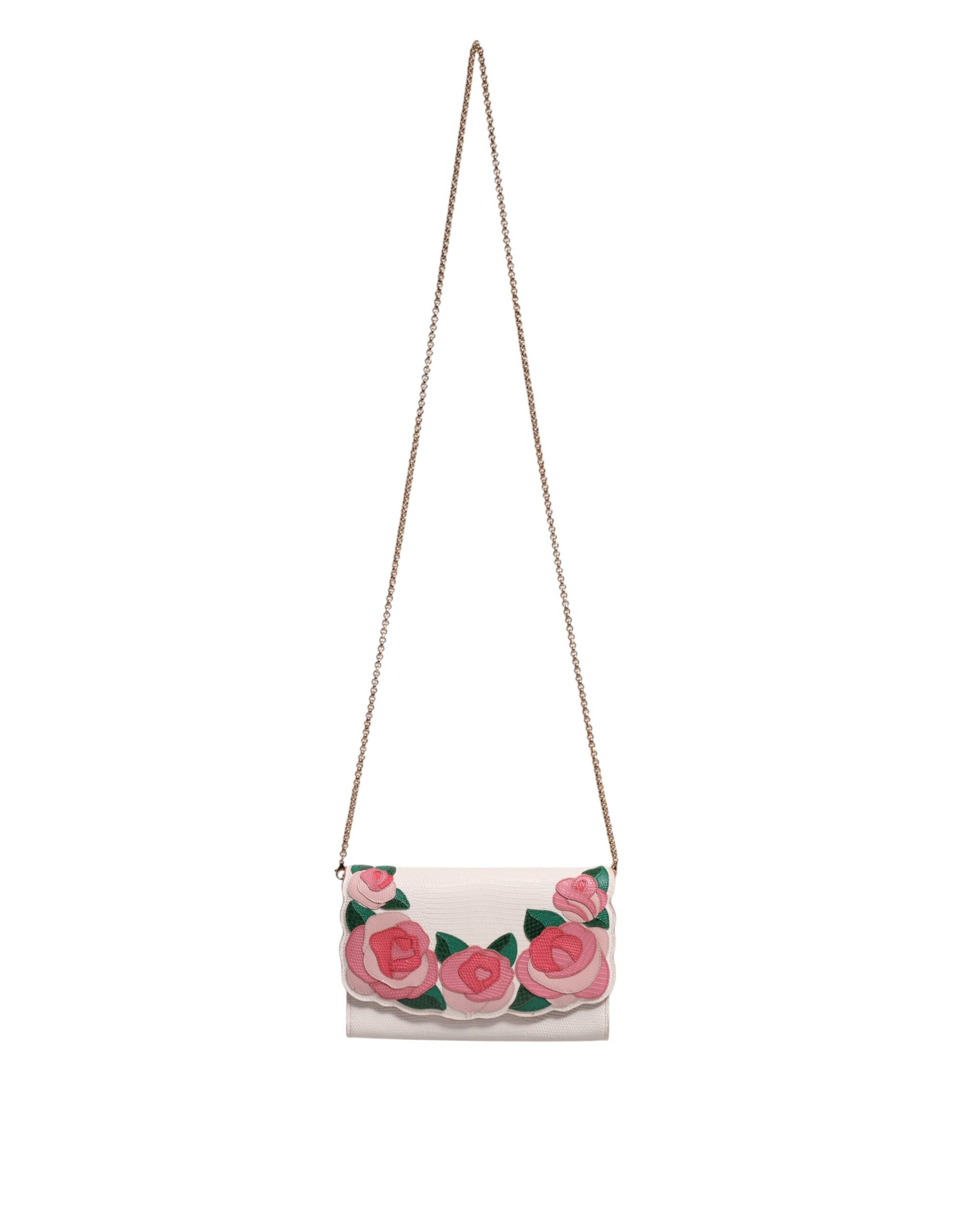 Dolce & Gabbana White Leather Floral Wallet Crossbody Gold Chain Bag Glam Steals