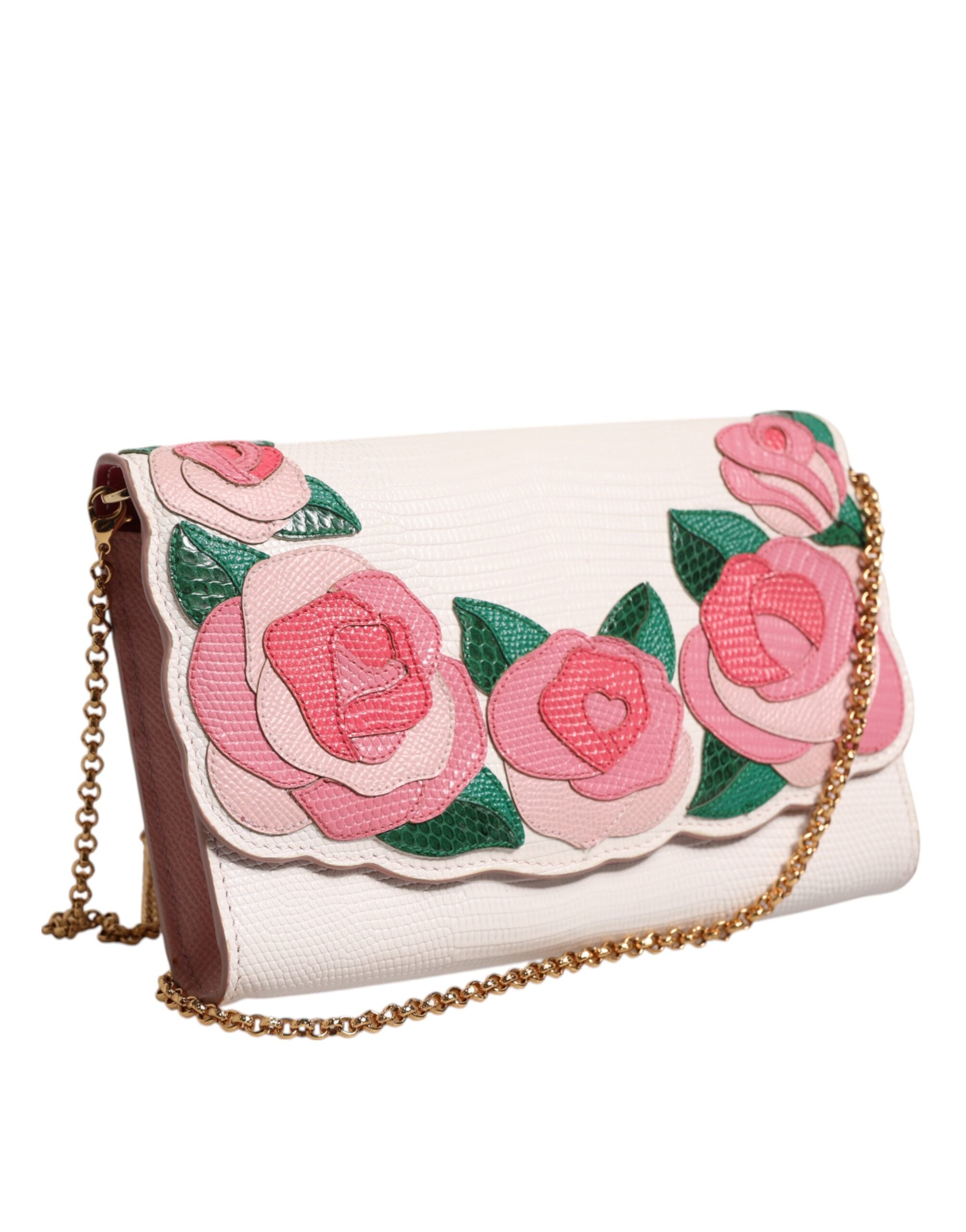 Dolce & Gabbana White Leather Floral Wallet Crossbody Gold Chain Bag Glam Steals