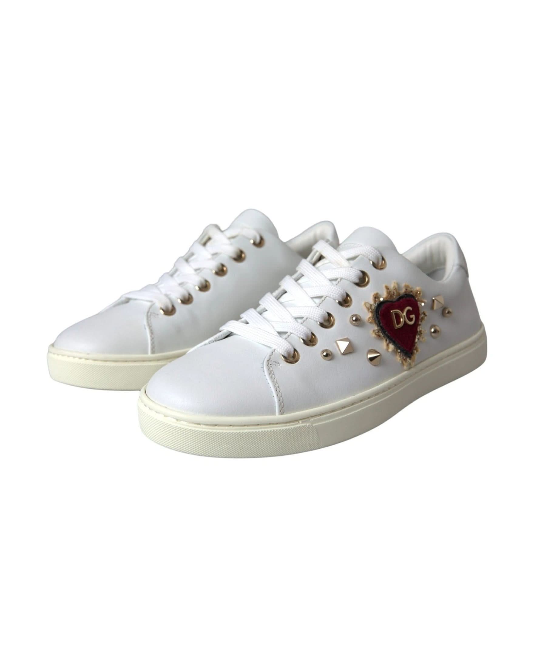 Dolce & Gabbana White Leather Gold Red Heart Sneakers Shoes Sneakers