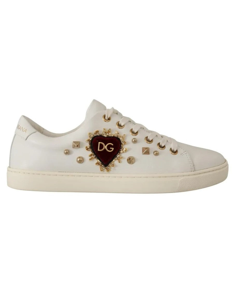 Dolce & Gabbana White Leather Gold Red Heart Sneakers Sneakers
