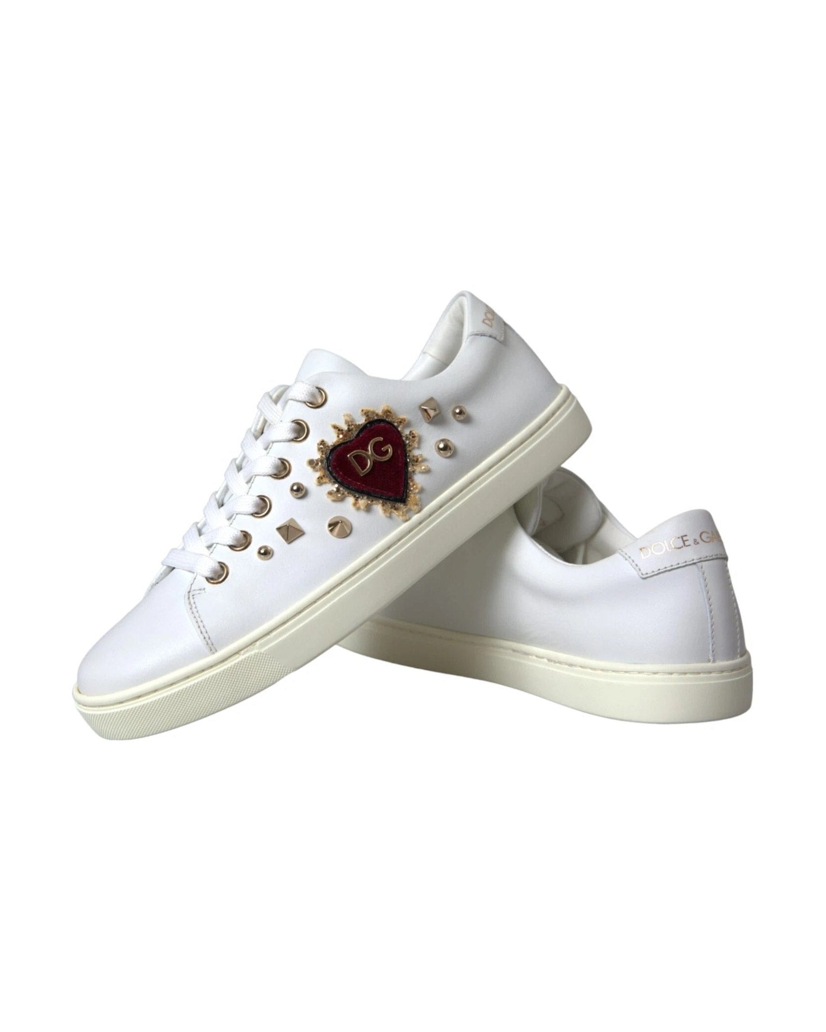 Dolce & Gabbana White Leather Gold Red Heart Sneakers Shoes Glam Steals
