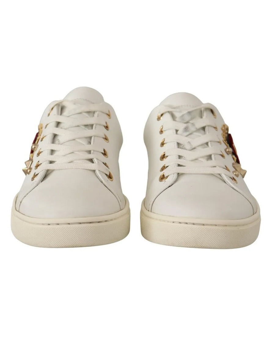 Dolce & Gabbana White Leather Gold Red Heart Sneakers Sneakers