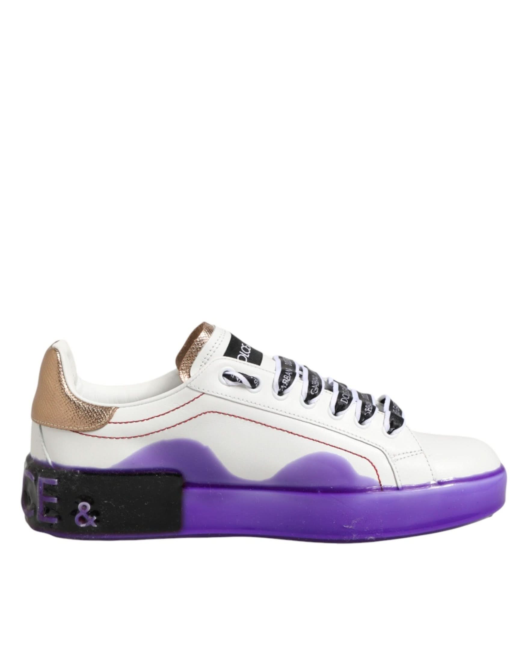 Dolce & Gabbana White Leather Purple Low Top Sneaker Shoes Sneakers
