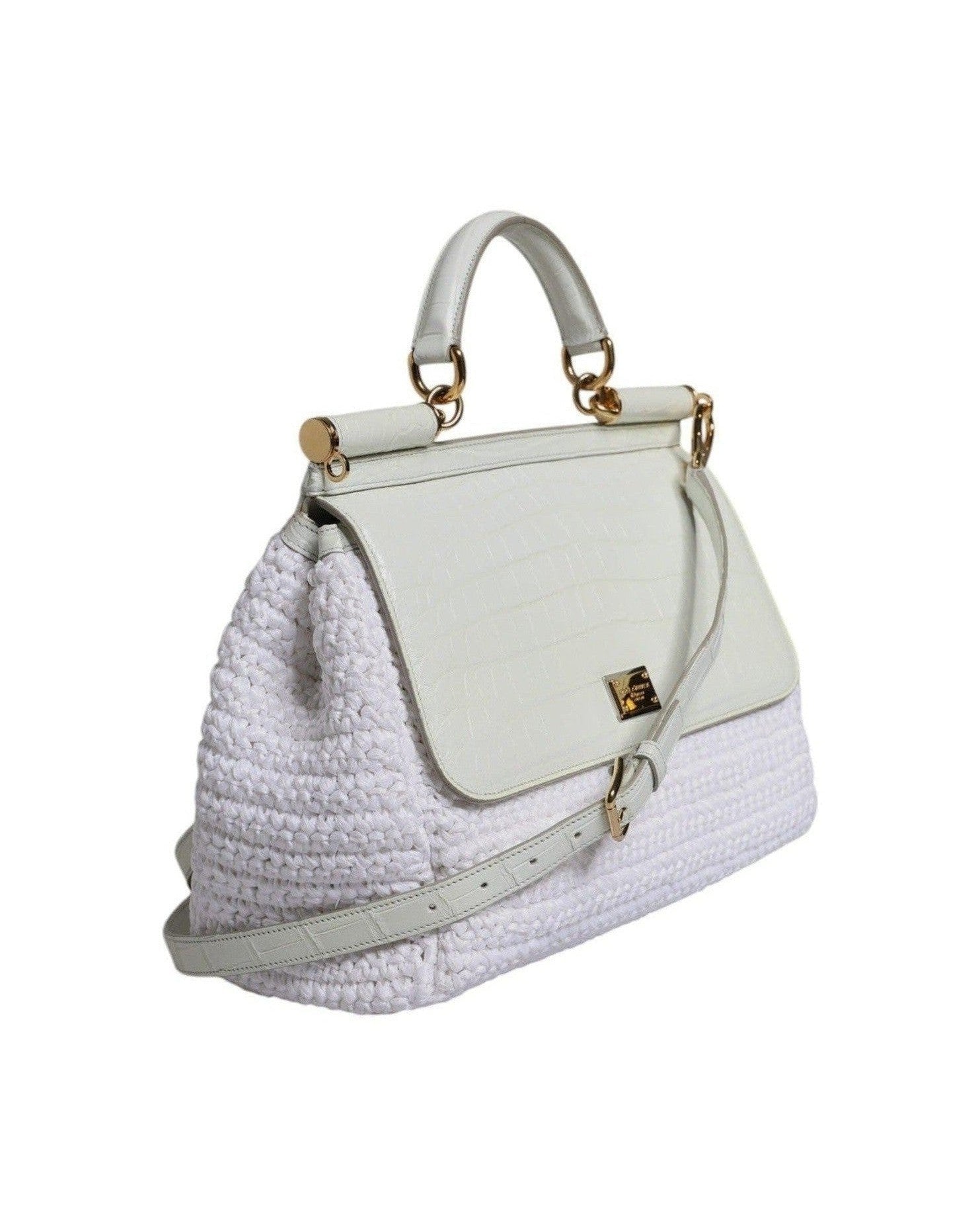 Dolce & Gabbana White Leather Rafia Top Handle Crossbody Bag Cross Body Bags