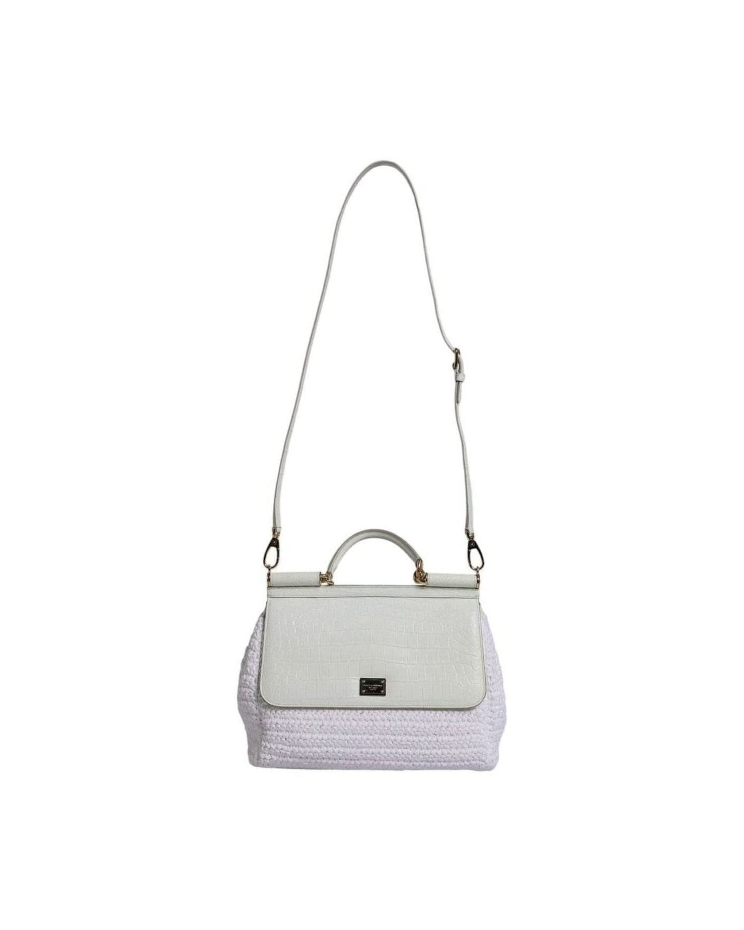 Dolce & Gabbana White Leather Rafia Top Handle Crossbody Bag Cross Body Bags