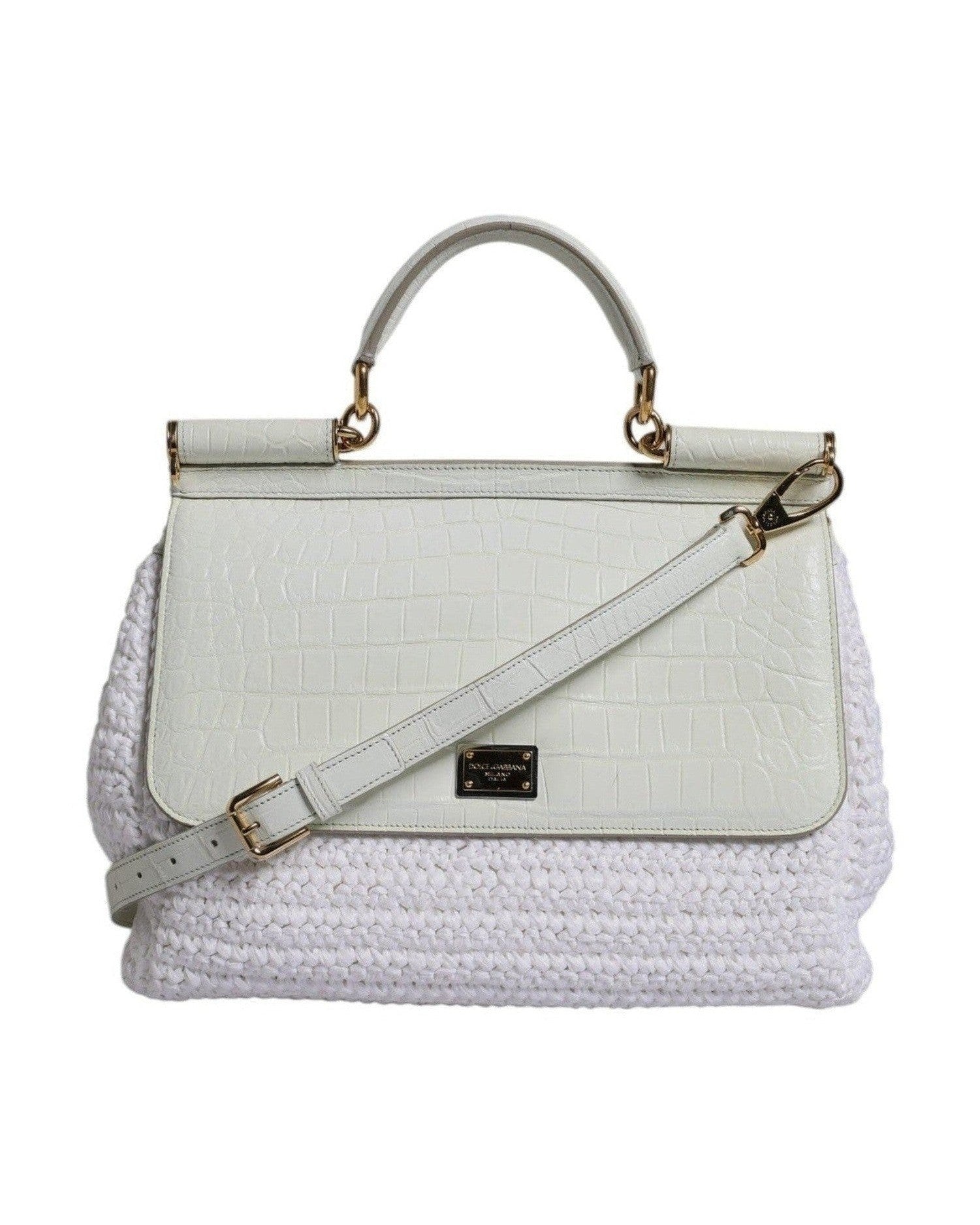 Dolce & Gabbana White Leather Rafia Top Handle Crossbody Bag Cross Body Bags