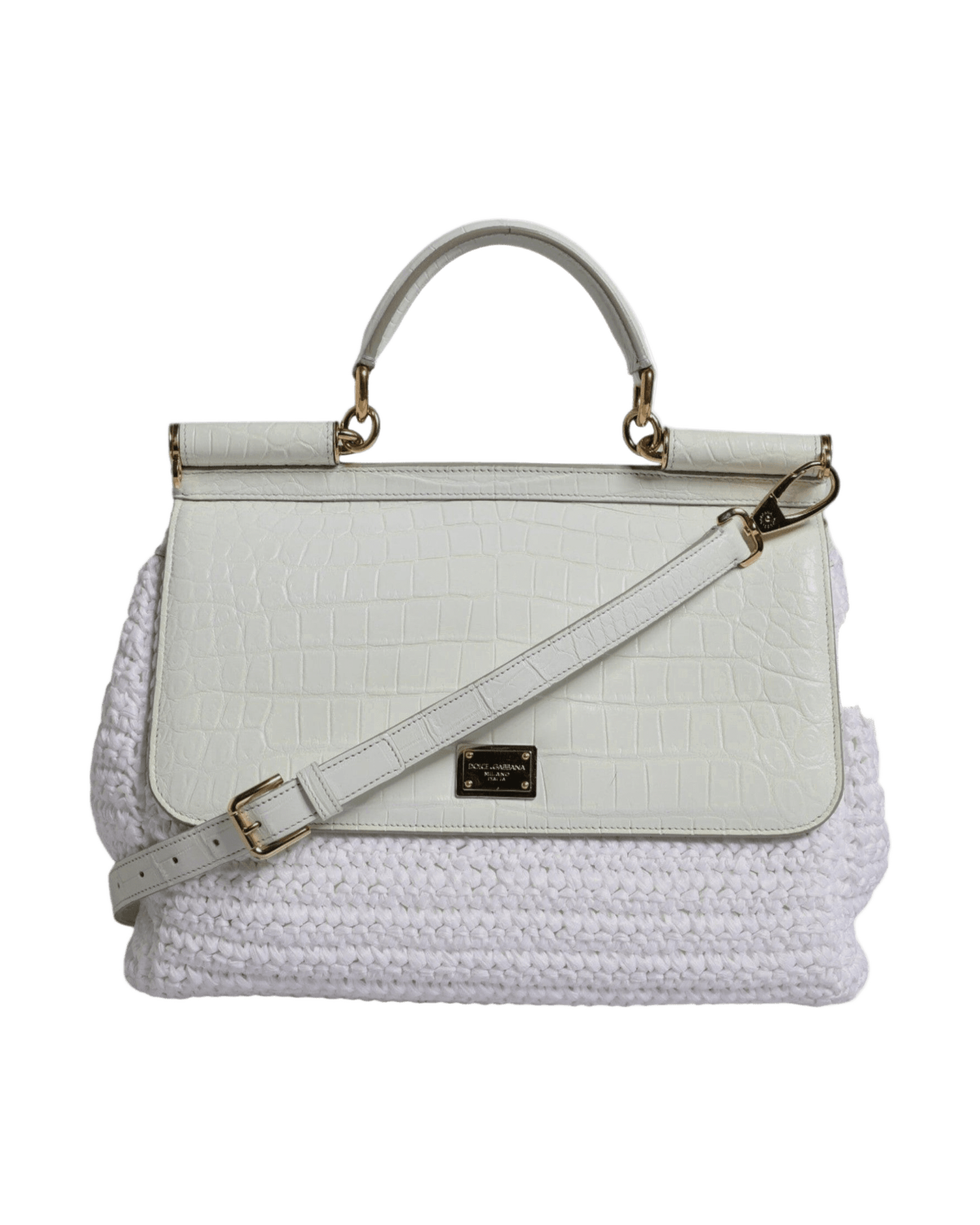 Dolce & Gabbana White Leather Rafia Top Handle Crossbody Bag Cross Body Bags