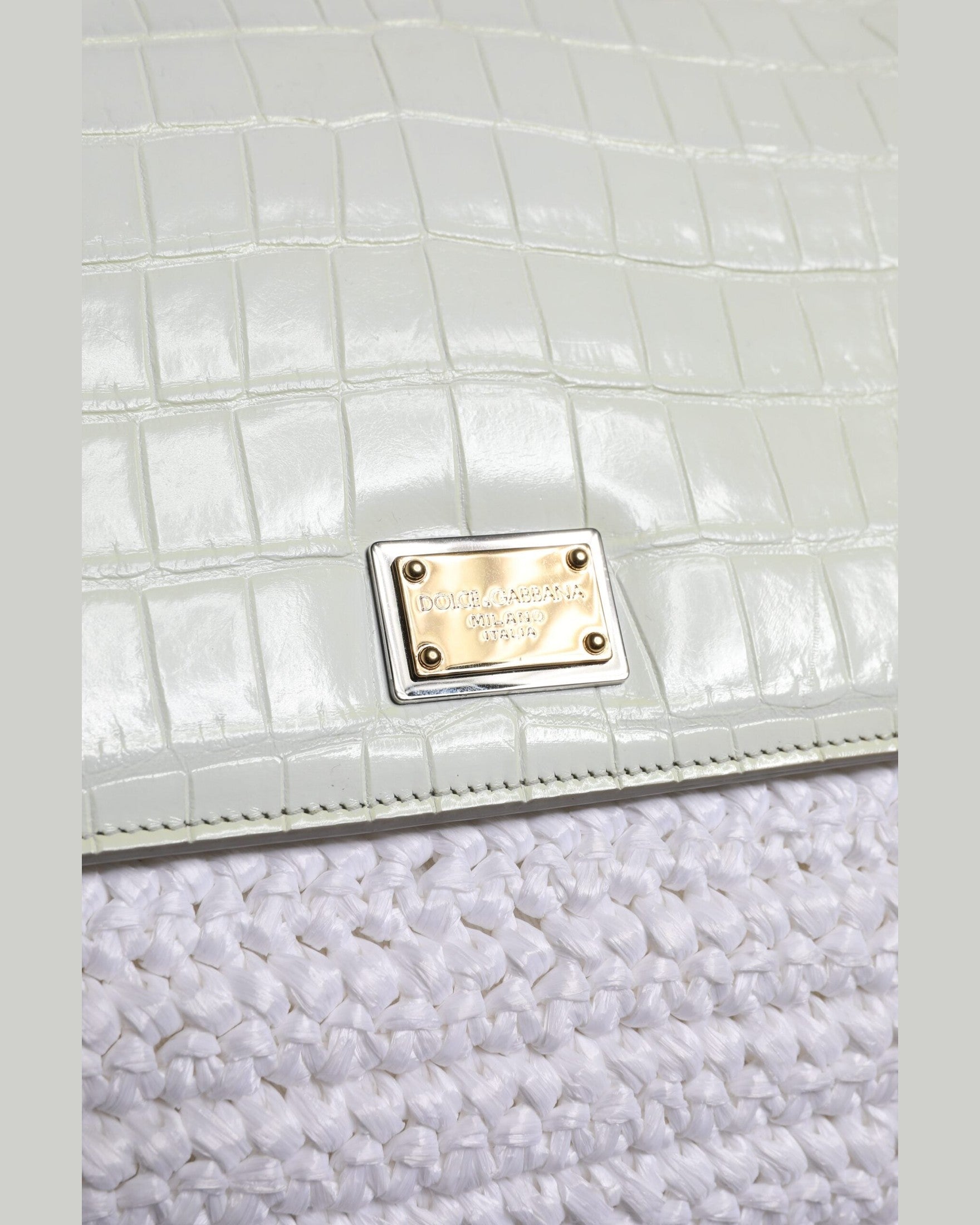 Dolce & Gabbana White Leather Rafia Top Handle Crossbody Bag Glam Steals