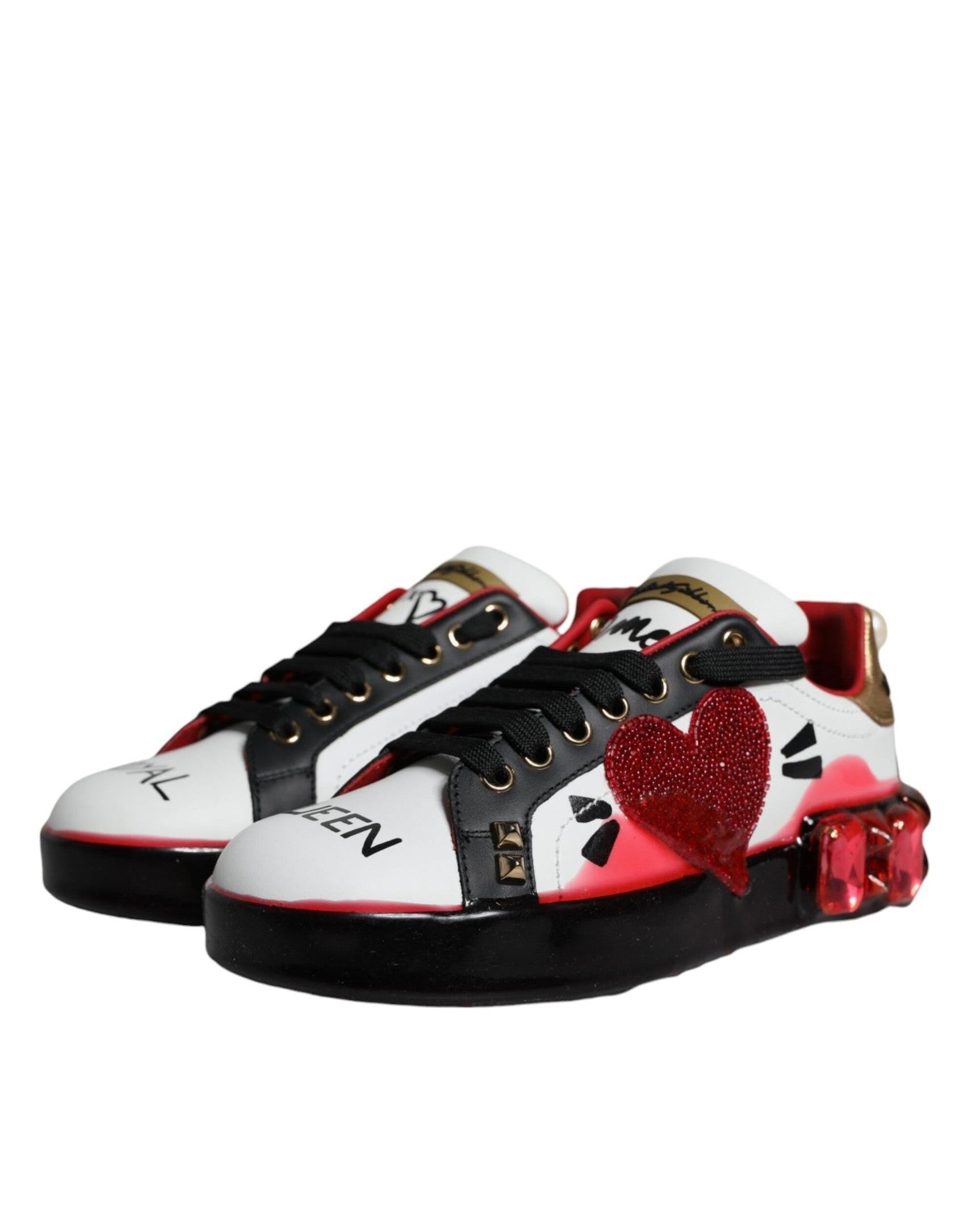 Dolce & Gabbana White Leather Red Crystals Portofino Sneakers Shoes Sneakers