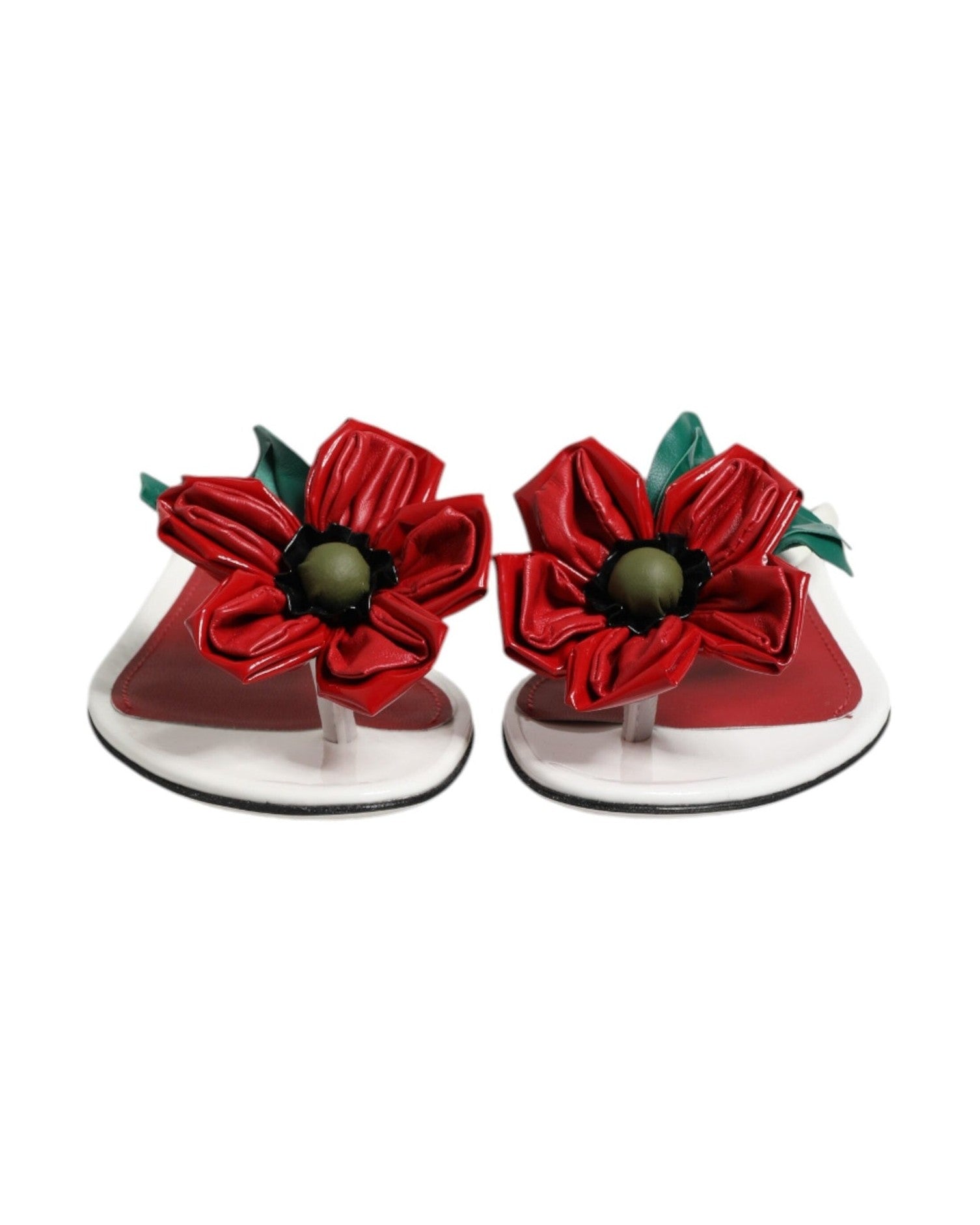 Dolce & Gabbana White Leather Red Keira Flower Sandals Shoes Sandals