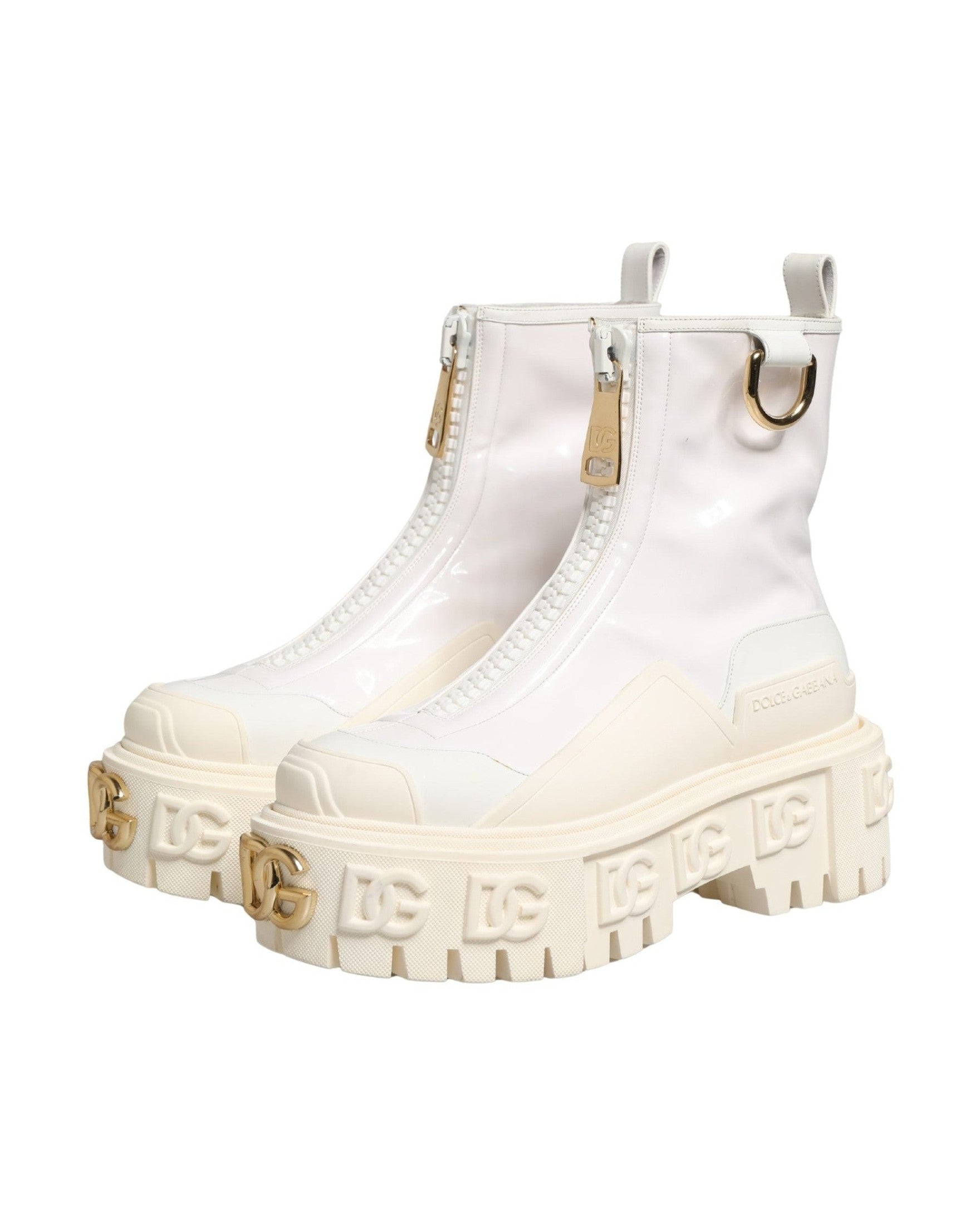 Dolce & Gabbana White Leather Rubber Logo Ankle Boots