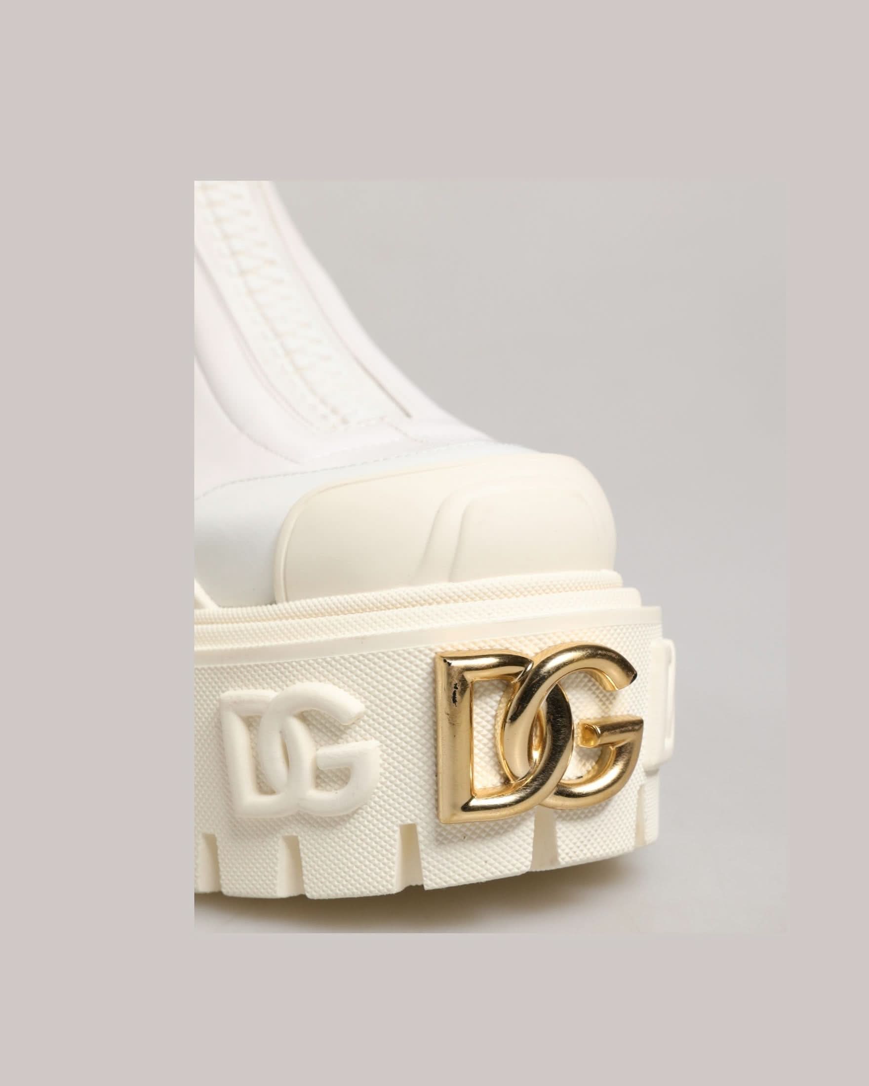 Dolce & Gabbana White Leather Rubber Logo Ankle Boots