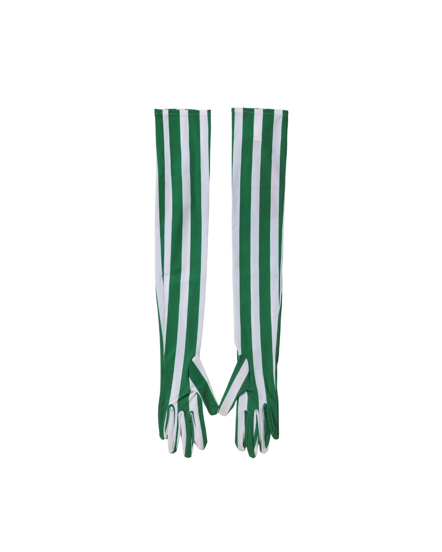 Dolce & Gabbana White Nylon Green Stripes Elbow Length Gloves