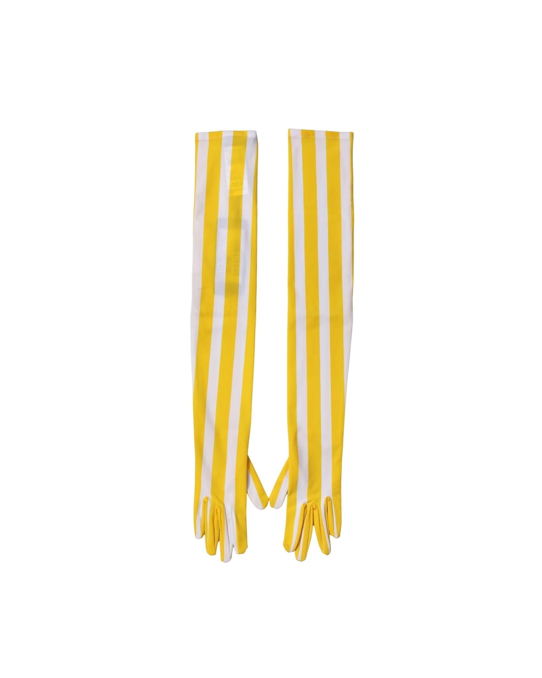 Dolce & Gabbana White Nylon Yellow Stripes Elbow Length Gloves