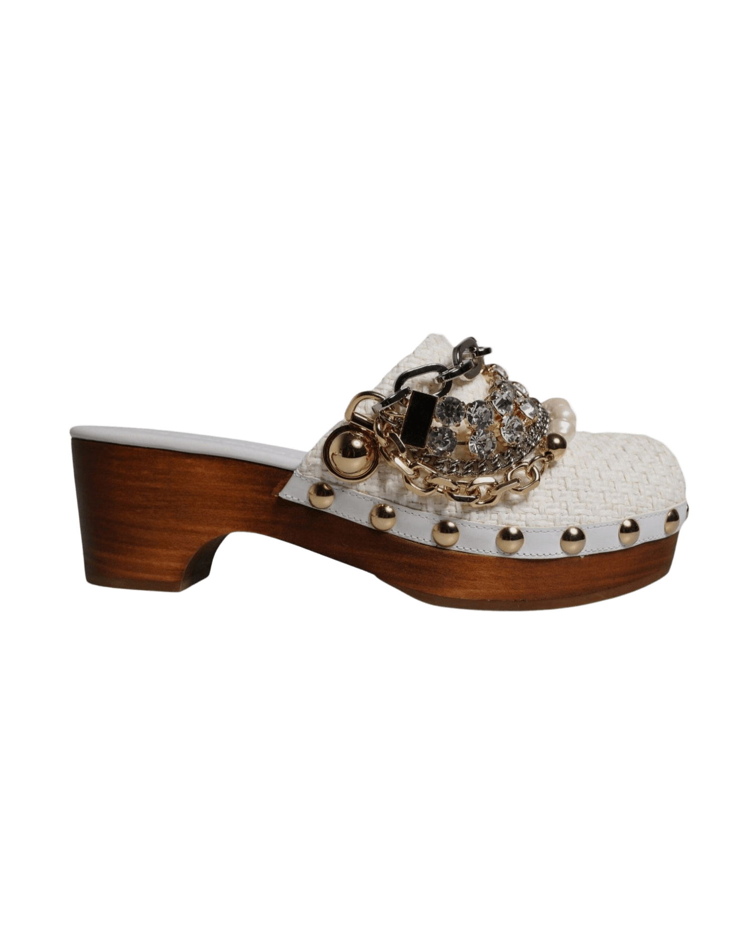 Dolce & Gabbana White Raffia Clogs Bejeweled Chain Sandals Glam Steals