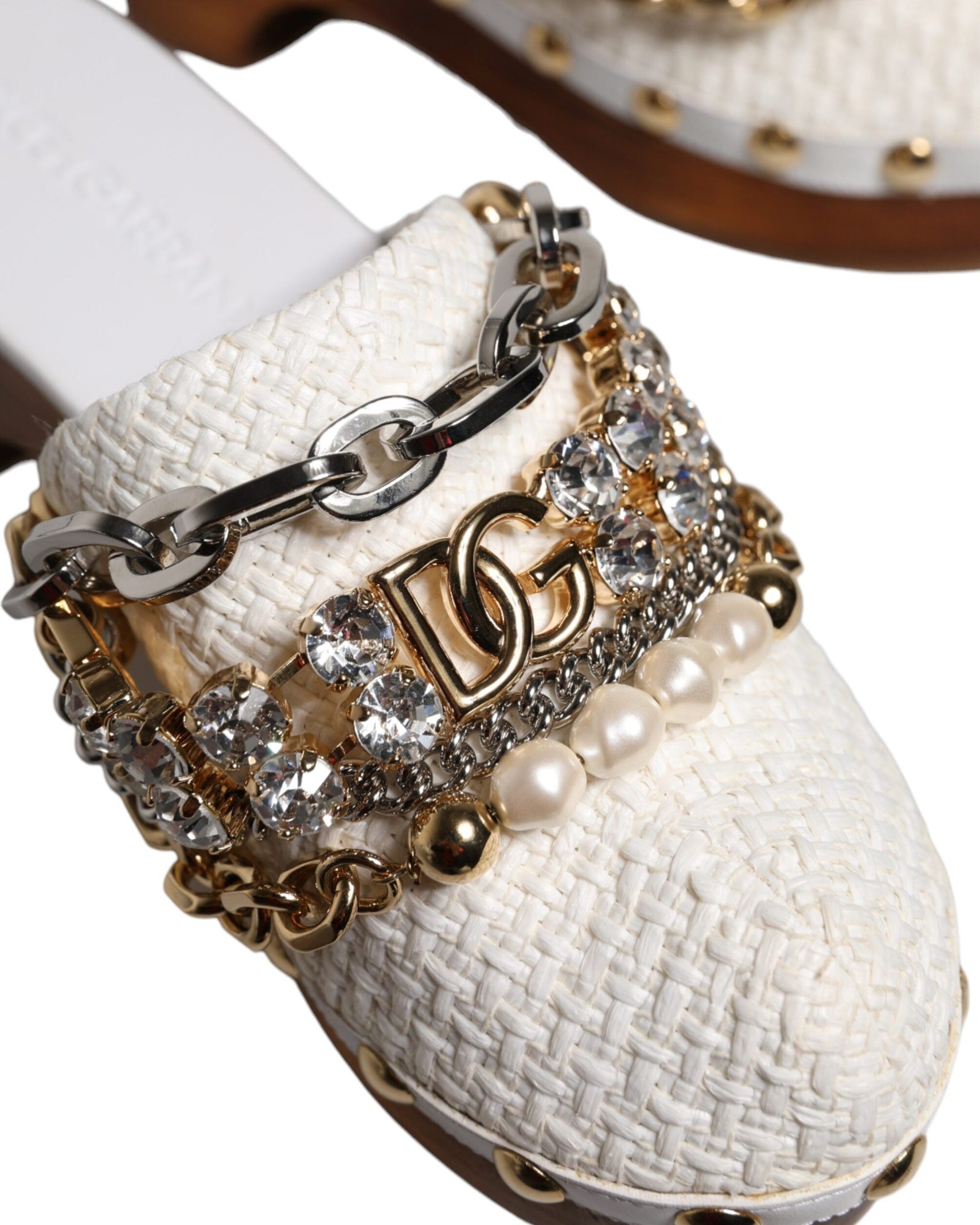 Dolce & Gabbana White Raffia Clogs Bejeweled Chain Sandals Glam Steals