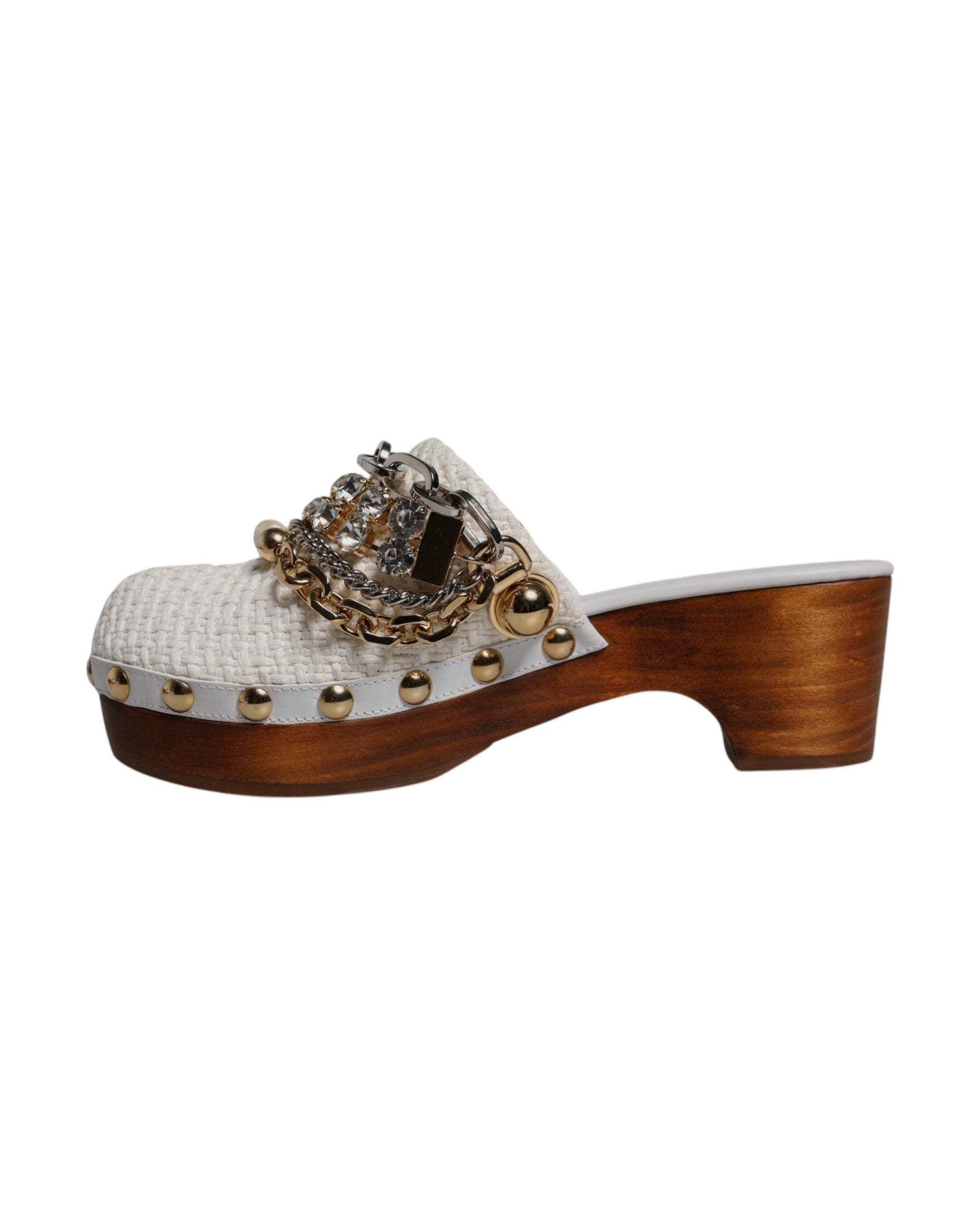 Dolce & Gabbana White Raffia Clogs Bejeweled Chain Sandals Glam Steals