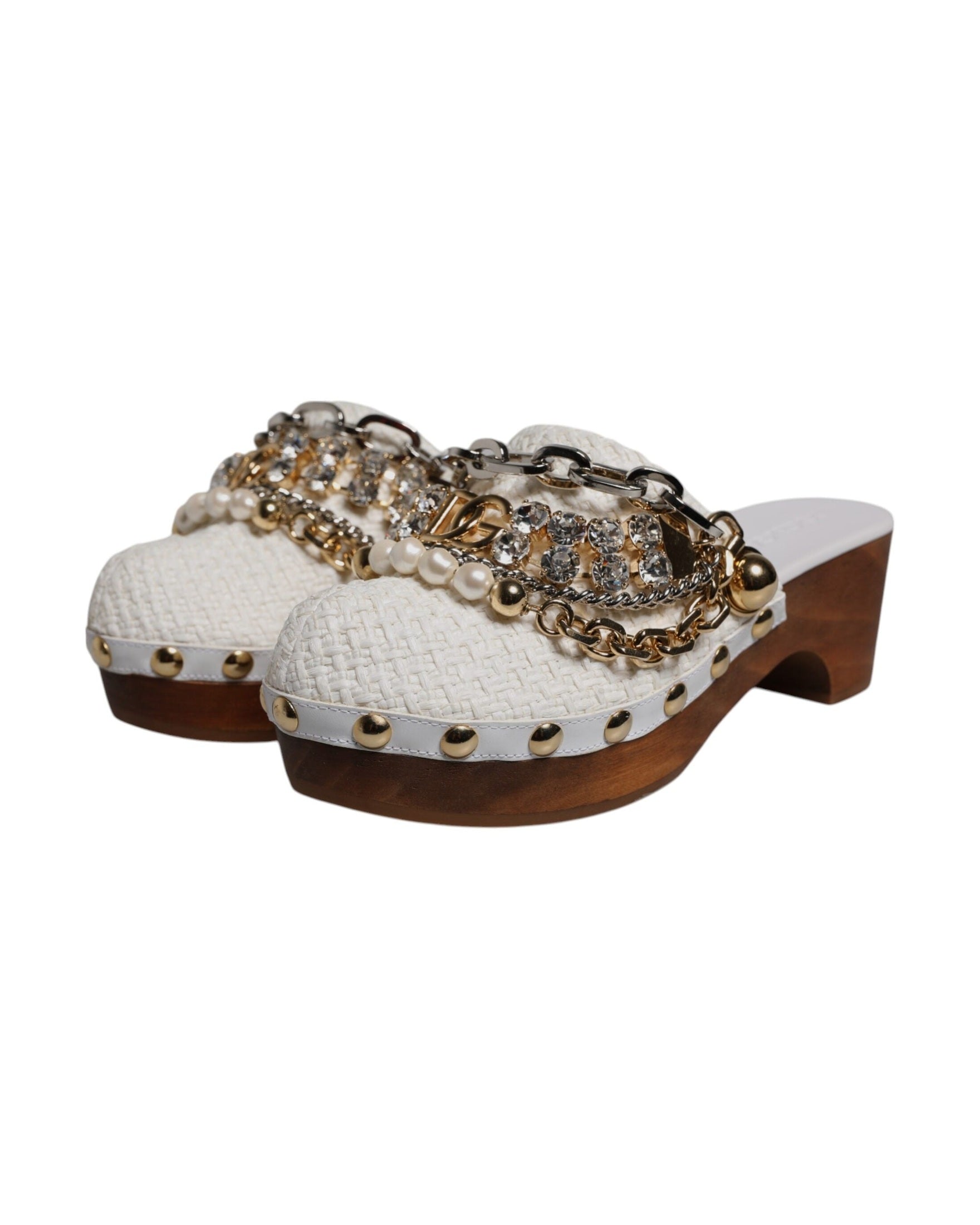 Dolce & Gabbana White Raffia Clogs Bejeweled Chain Sandals Glam Steals