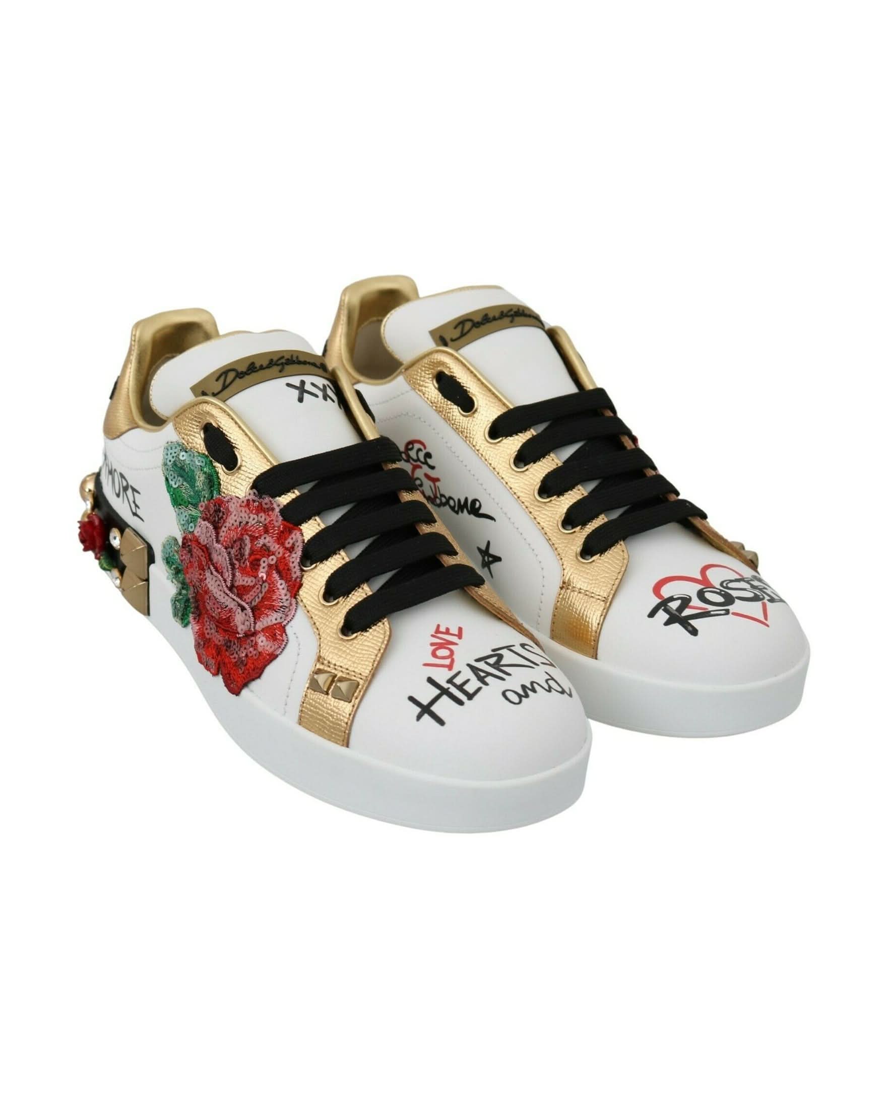 Dolce & Gabbana White Roses Sequined Crystal Sneakers Sneakers
