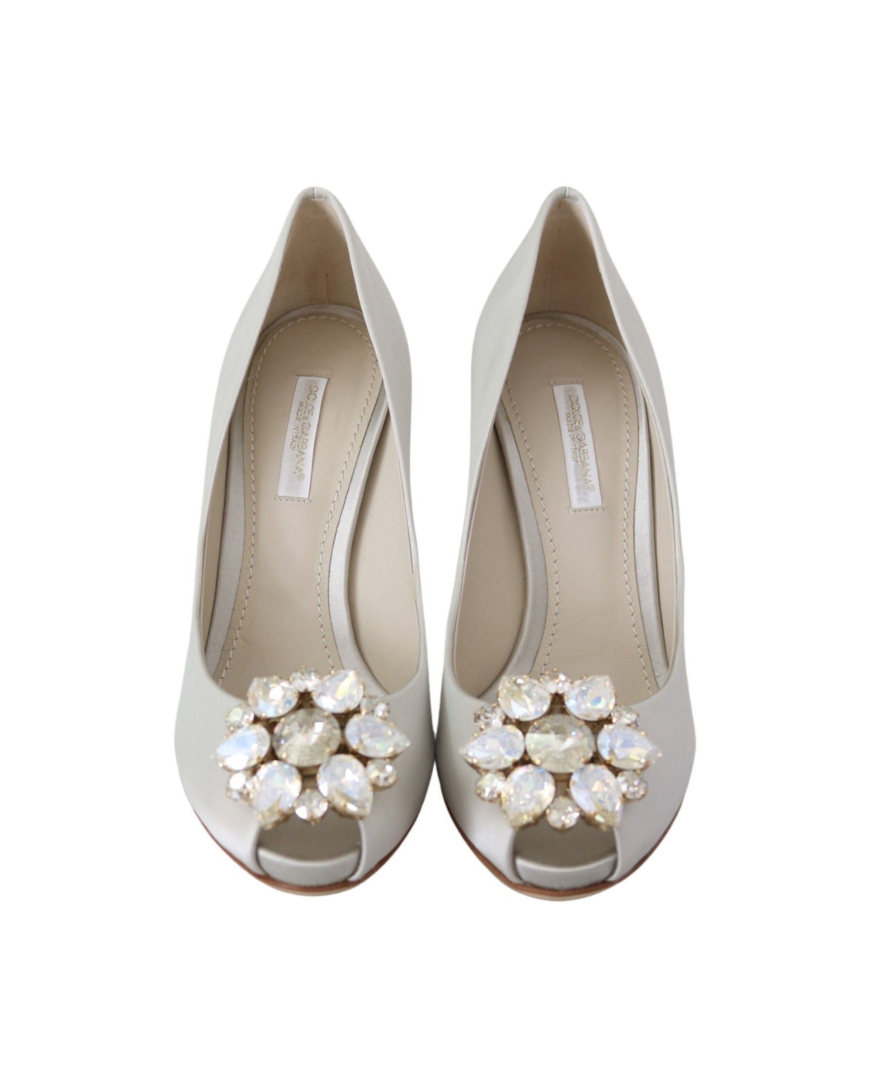Dolce & Gabbana White Satin Crystals Peep Toe Heels Heels