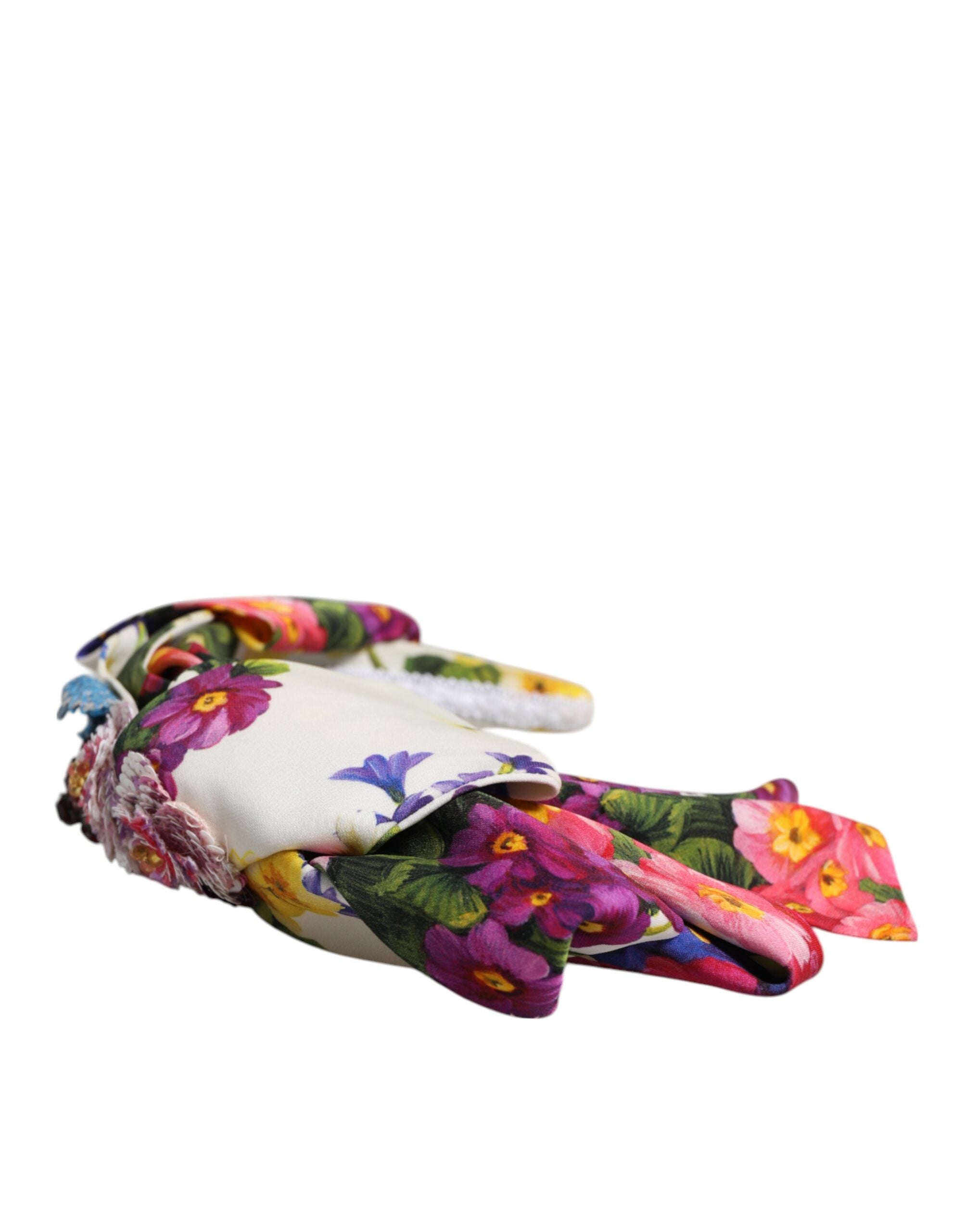 Dolce & Gabbana White Silk Multicolor Floral Bow Crystal Embellished Headband Glam Steals