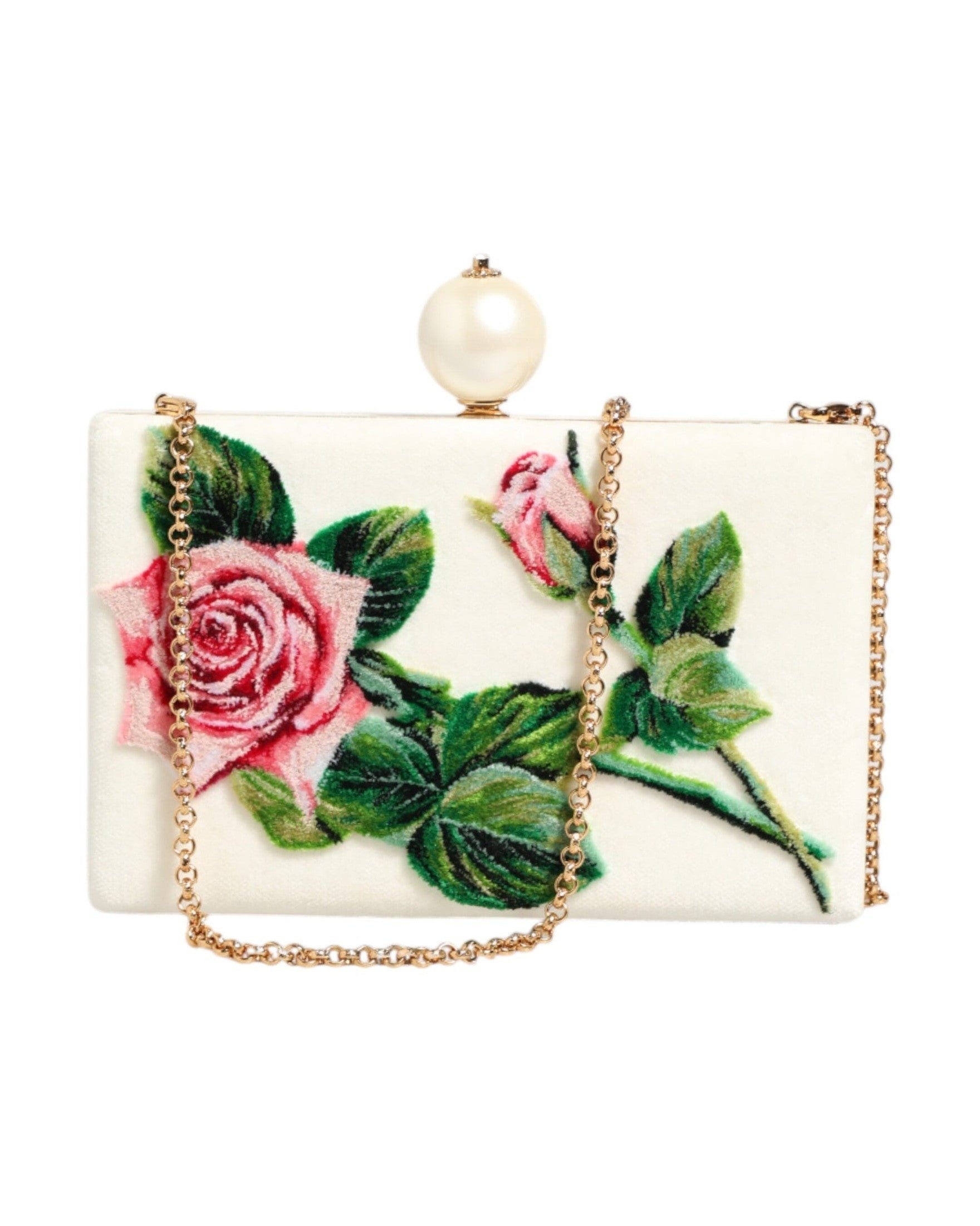 Dolce & Gabbana White Silk Rose Embroidery Gold Frame Clutch Purse Bag Glam Steals