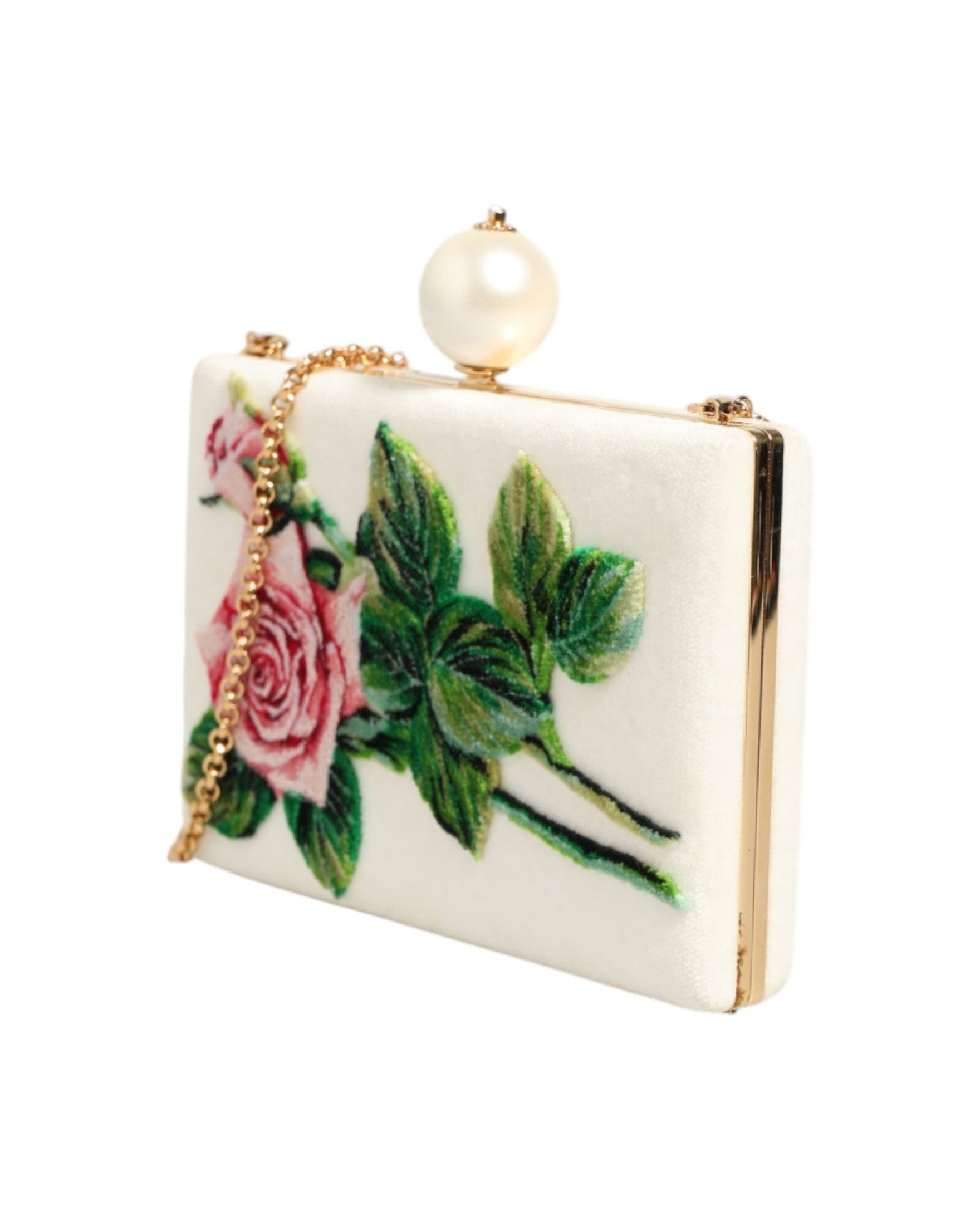 Dolce & Gabbana White Silk Rose Embroidery Gold Frame Clutch Purse Bag Glam Steals